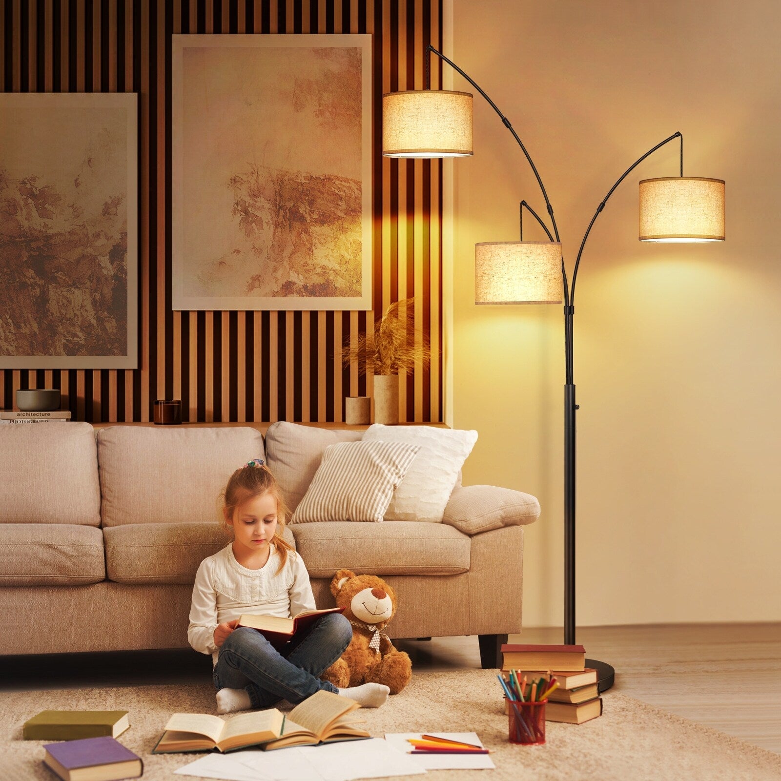Lampada da terra ad arco LED dimmerabile moderna nera a 3 luci