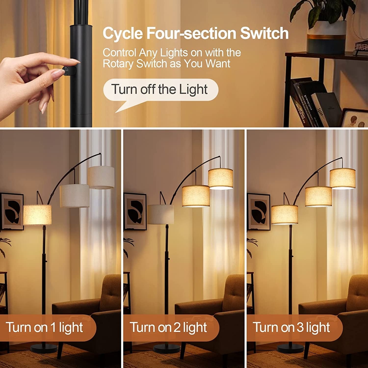 Lampada da terra ad arco LED dimmerabile moderna nera a 3 luci