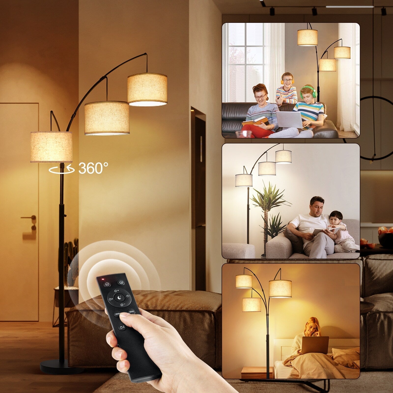 Lampada da terra ad arco LED dimmerabile moderna nera a 3 luci