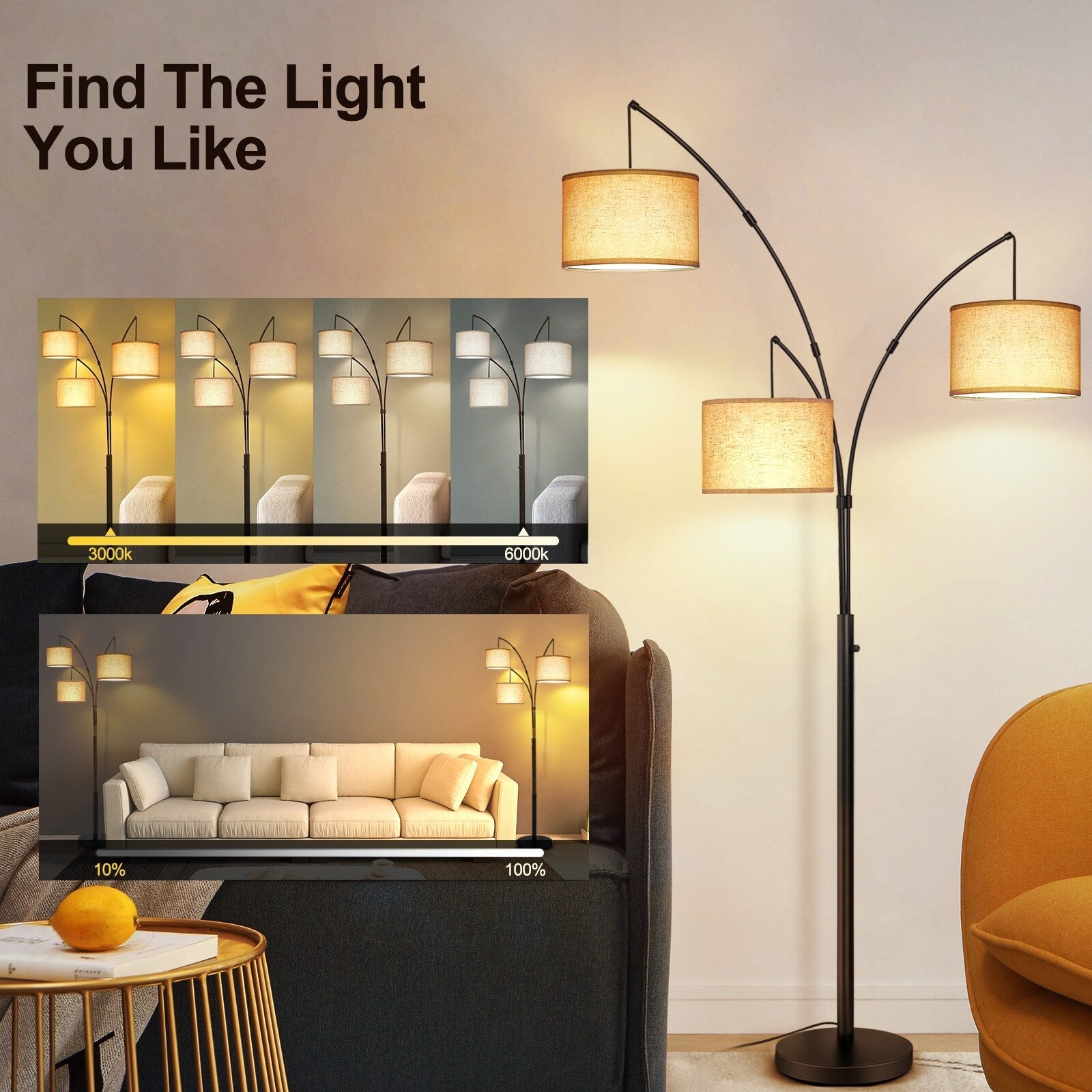 Lampada da terra ad arco LED dimmerabile moderna nera a 3 luci