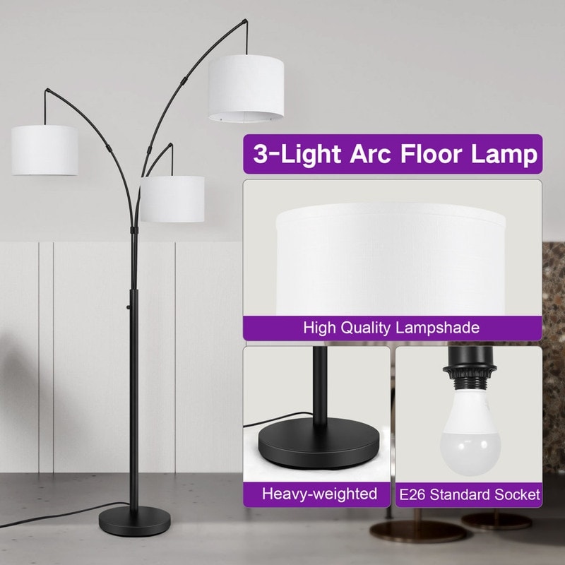 Lampada da terra ad arco LED dimmerabile moderna nera a 3 luci