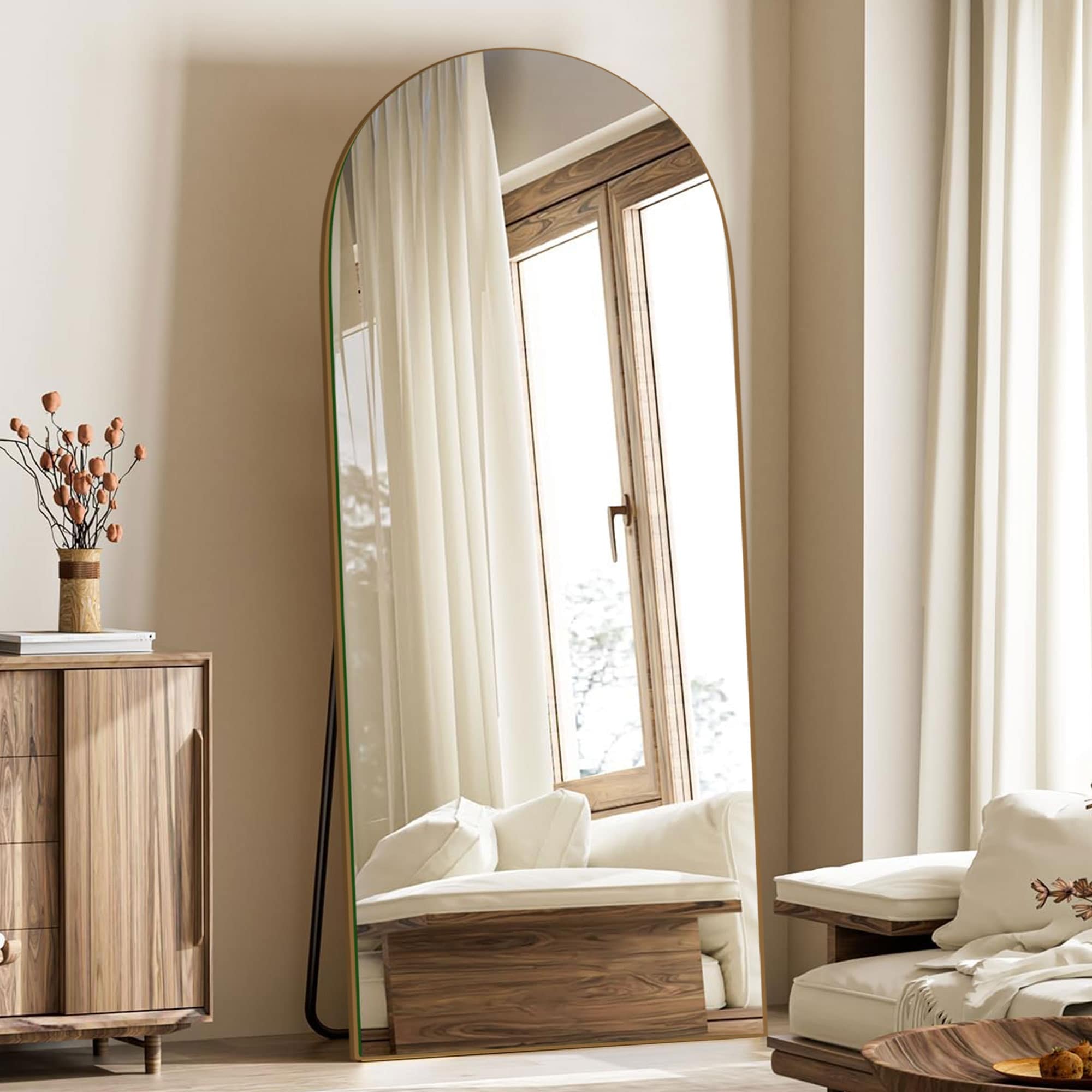 Specchio da pavimento in legno a figura intera ad arco, specchio da parete