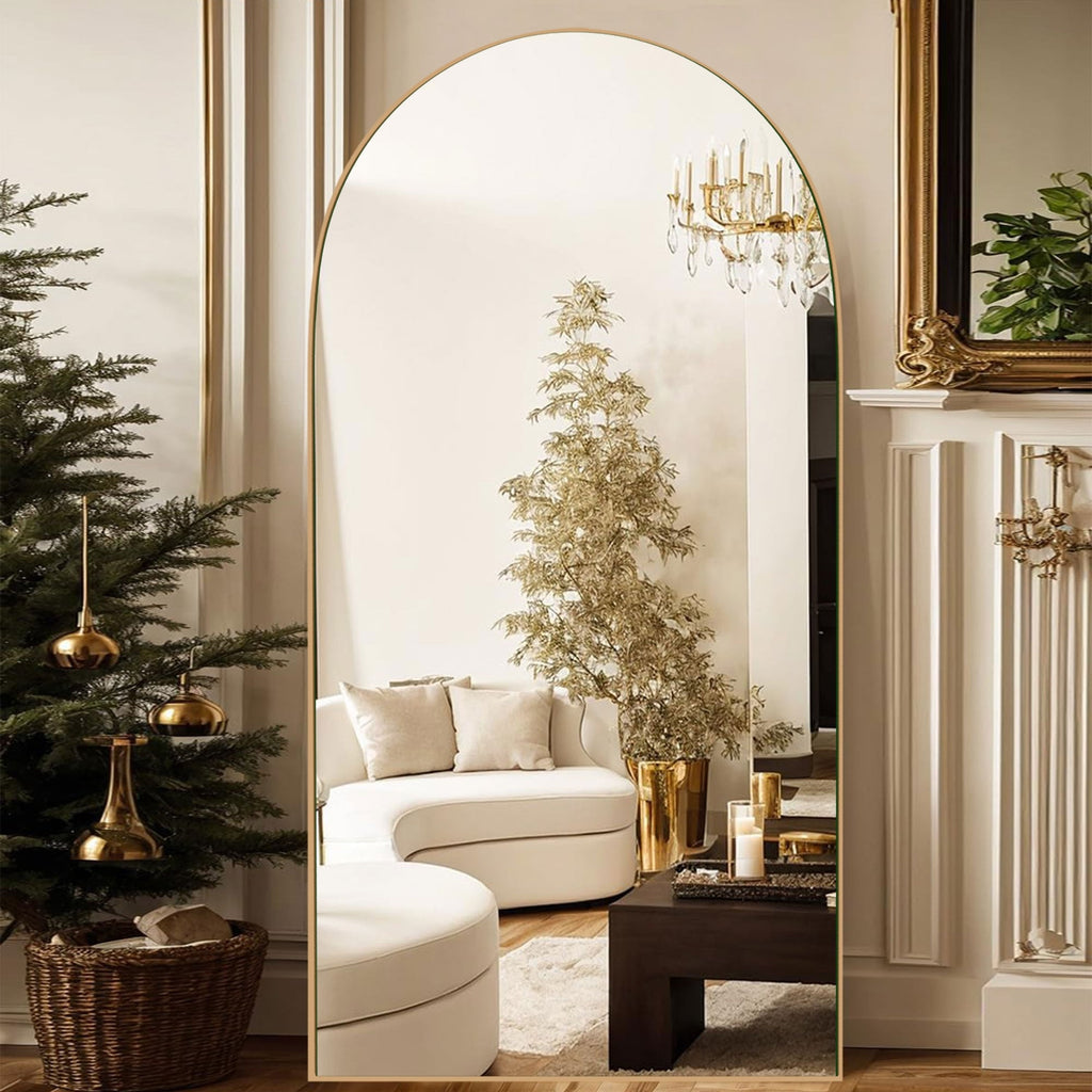 Specchio da pavimento in legno a figura intera ad arco, specchio da parete