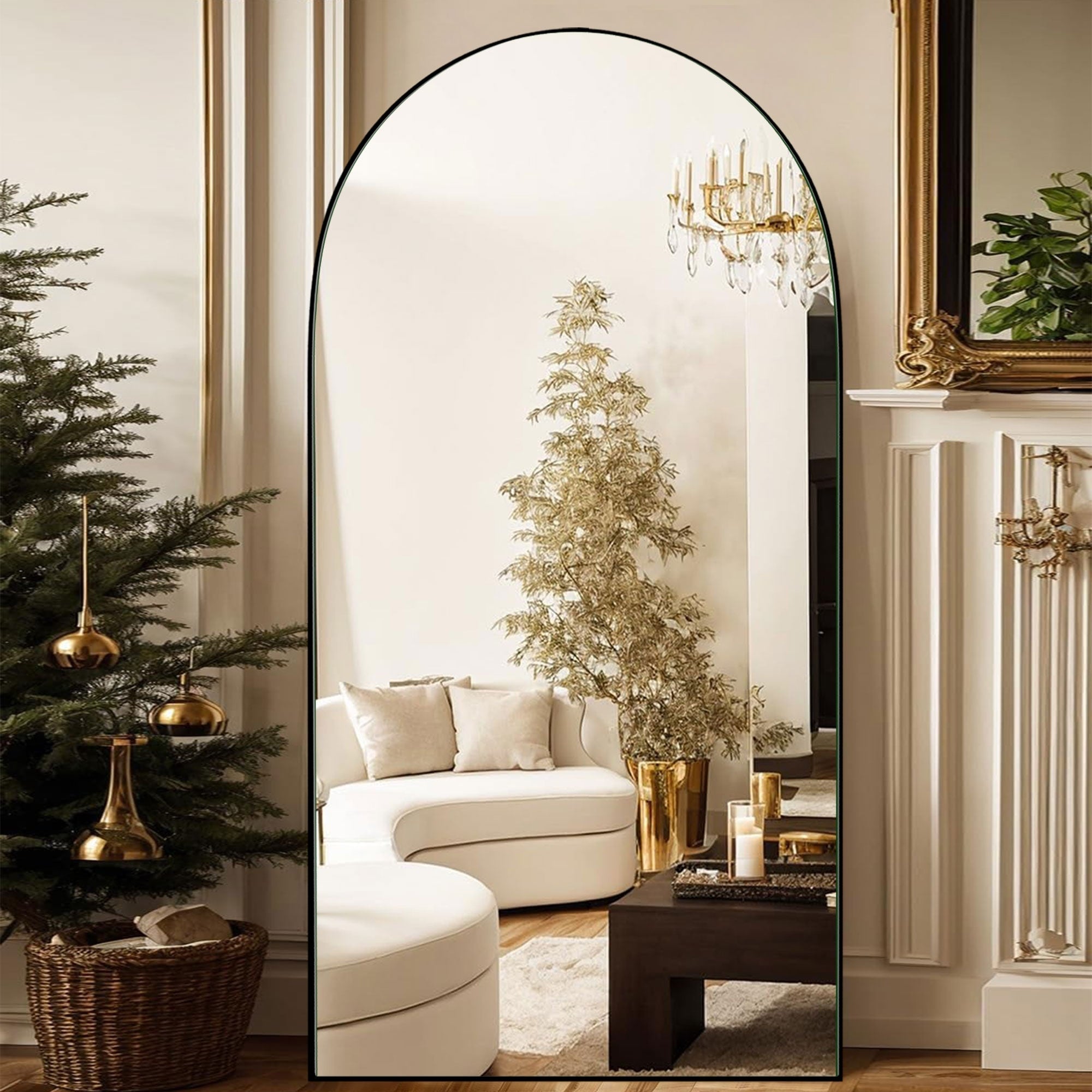 Specchio da pavimento in legno a figura intera ad arco, specchio da parete