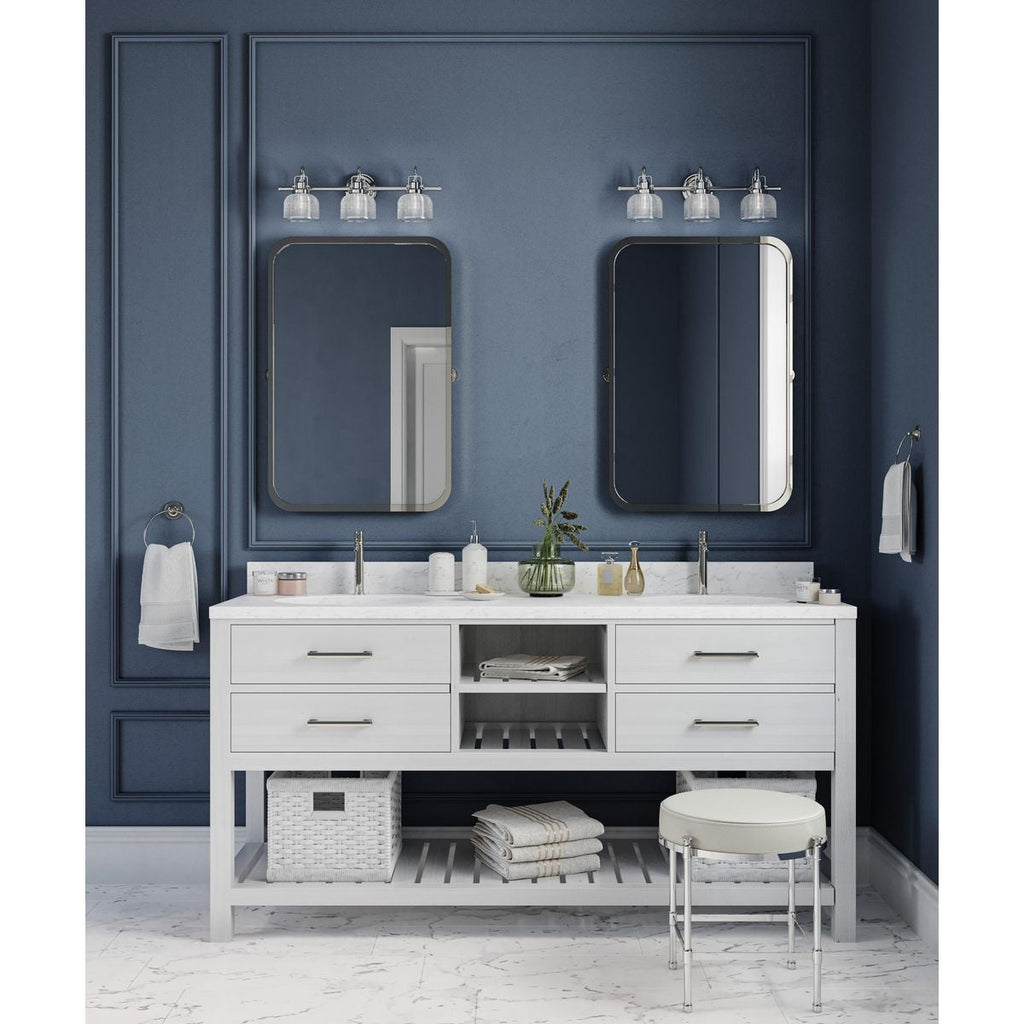 Lampada da bagno in stile costiero con tre luci, in cromo lucido e vetro prismatico trasparente doppio, collezione Archie - 8,75 x 26,25 x 7,25