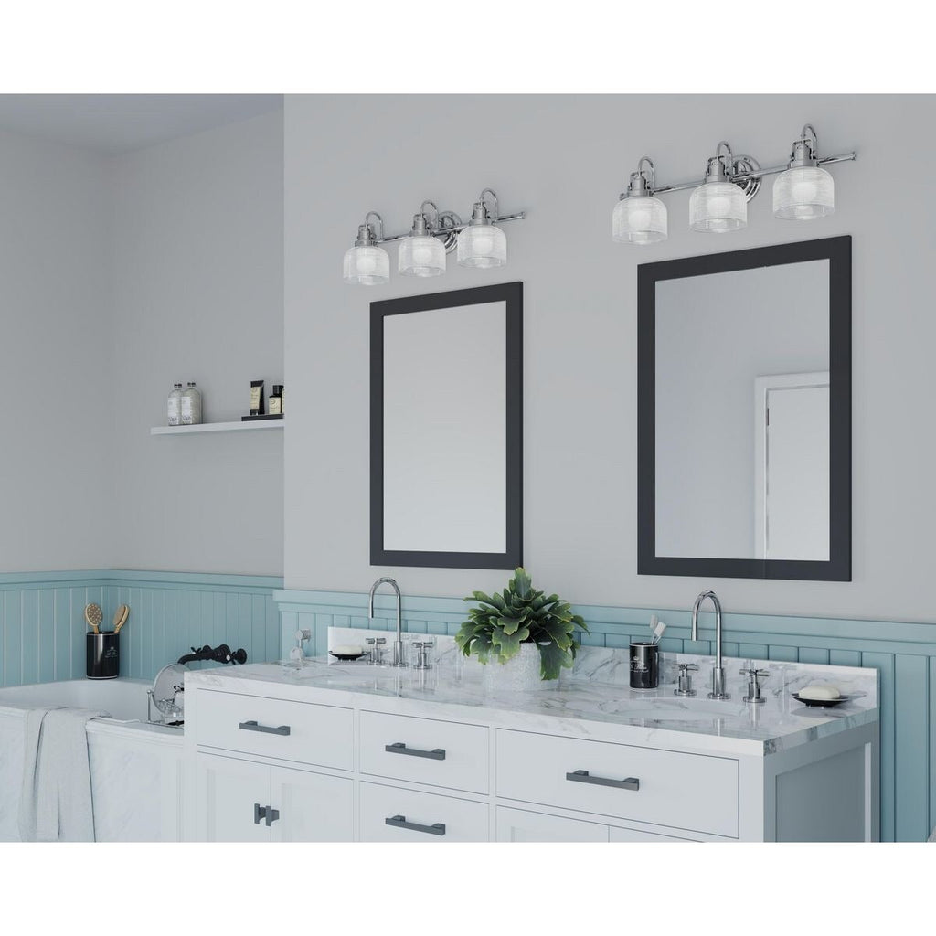 Lampada da bagno in stile costiero con tre luci, in cromo lucido e vetro prismatico trasparente doppio, collezione Archie - 8,75 x 26,25 x 7,25