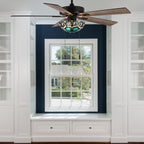 Ventilatore da soffitto Astrid River of Goods in bronzo lucidato a olio multicolore e vetro colorato a 3 luci da 52 pollici - 52 x 52 x 14,75/19,75