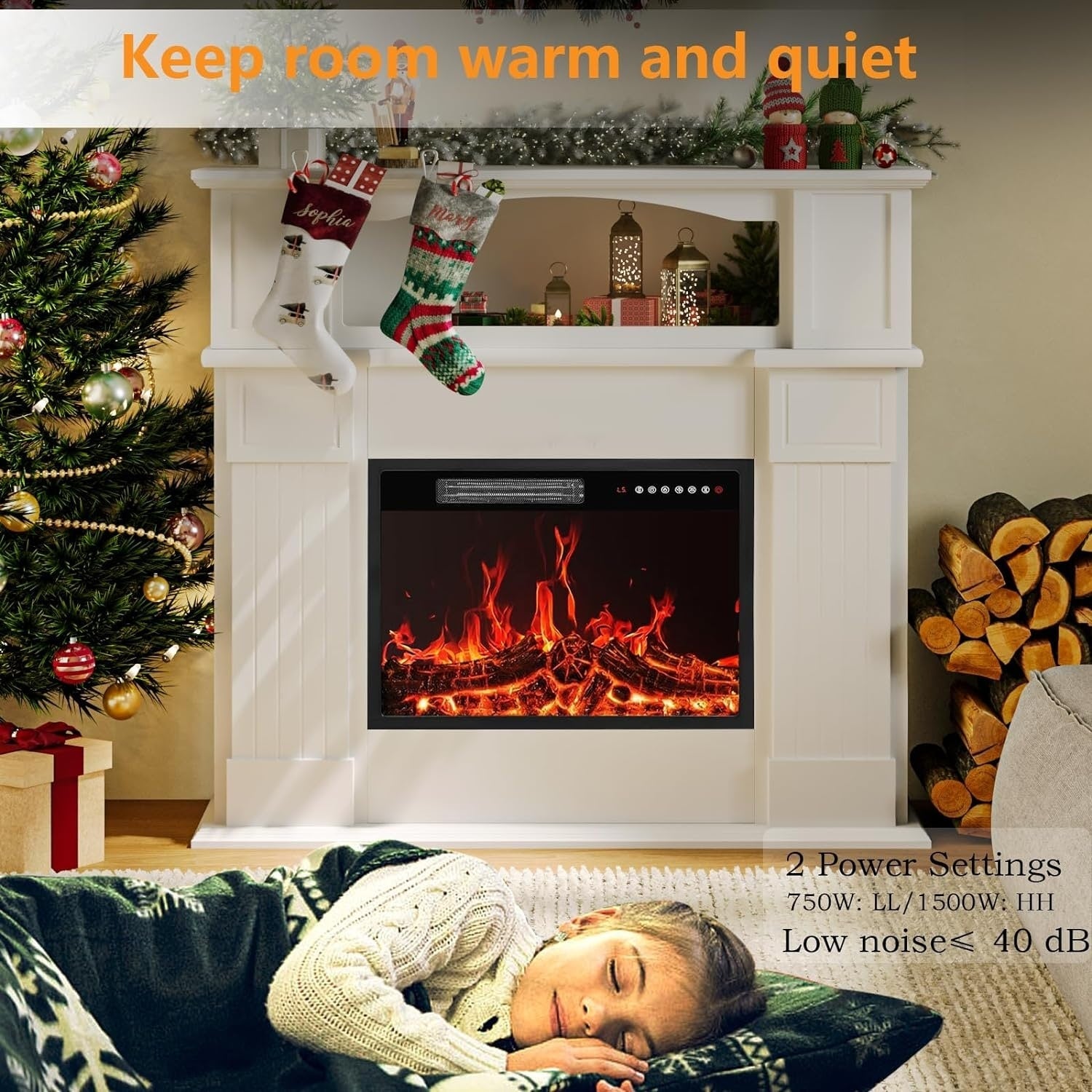 Camino elettrico BOSSIN 43 con mensola, inserto per camino elettrico da 23 pollici, mobile porta TV indipendente con camino in legno