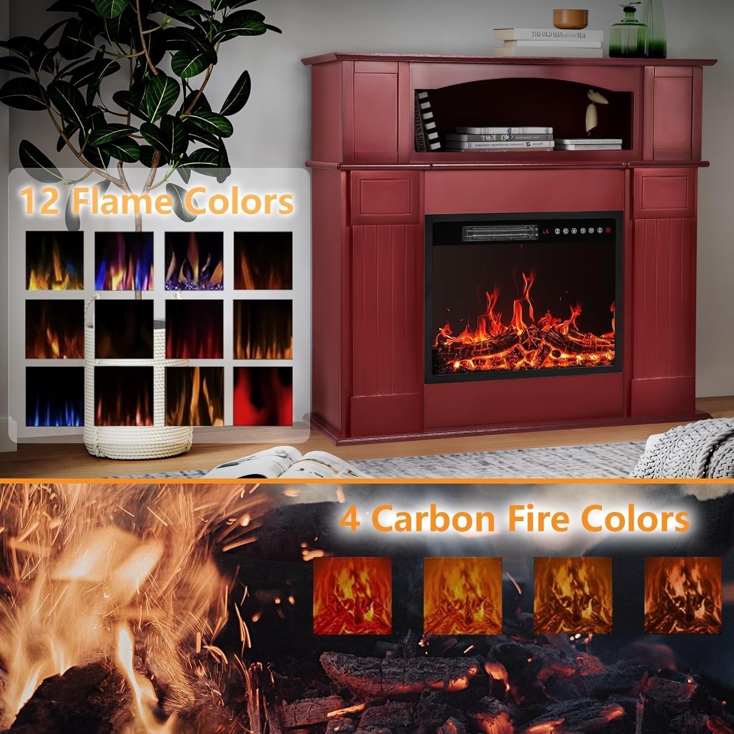Camino elettrico BOSSIN 43 con mensola, inserto per camino elettrico da 23 pollici, mobile porta TV indipendente con camino in legno