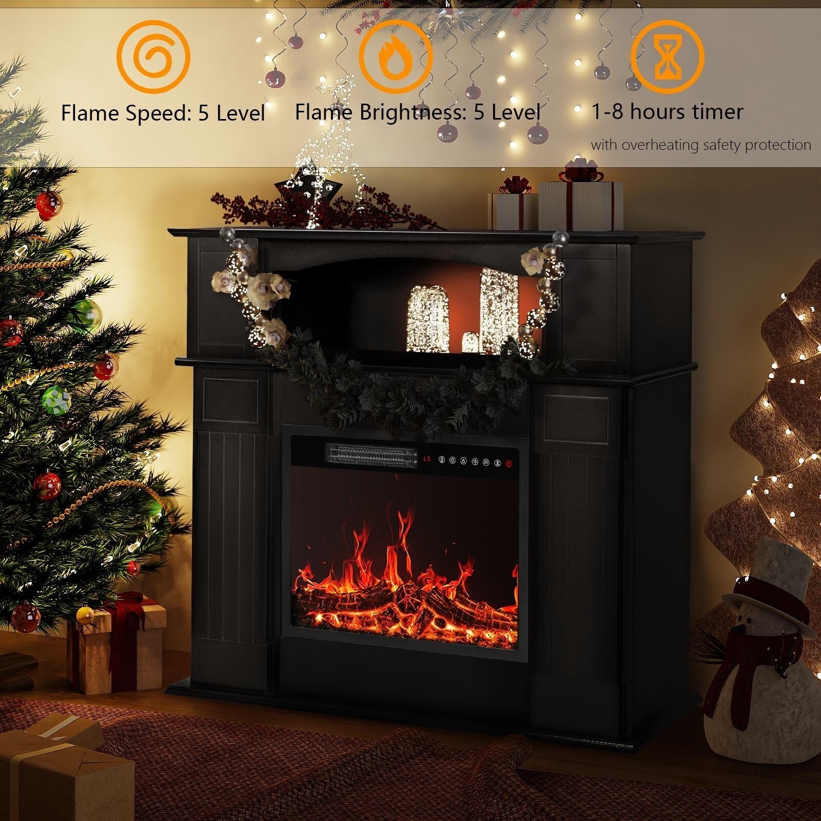 Camino elettrico BOSSIN 43 con mensola, inserto per camino elettrico da 23 pollici, mobile porta TV indipendente con camino in legno