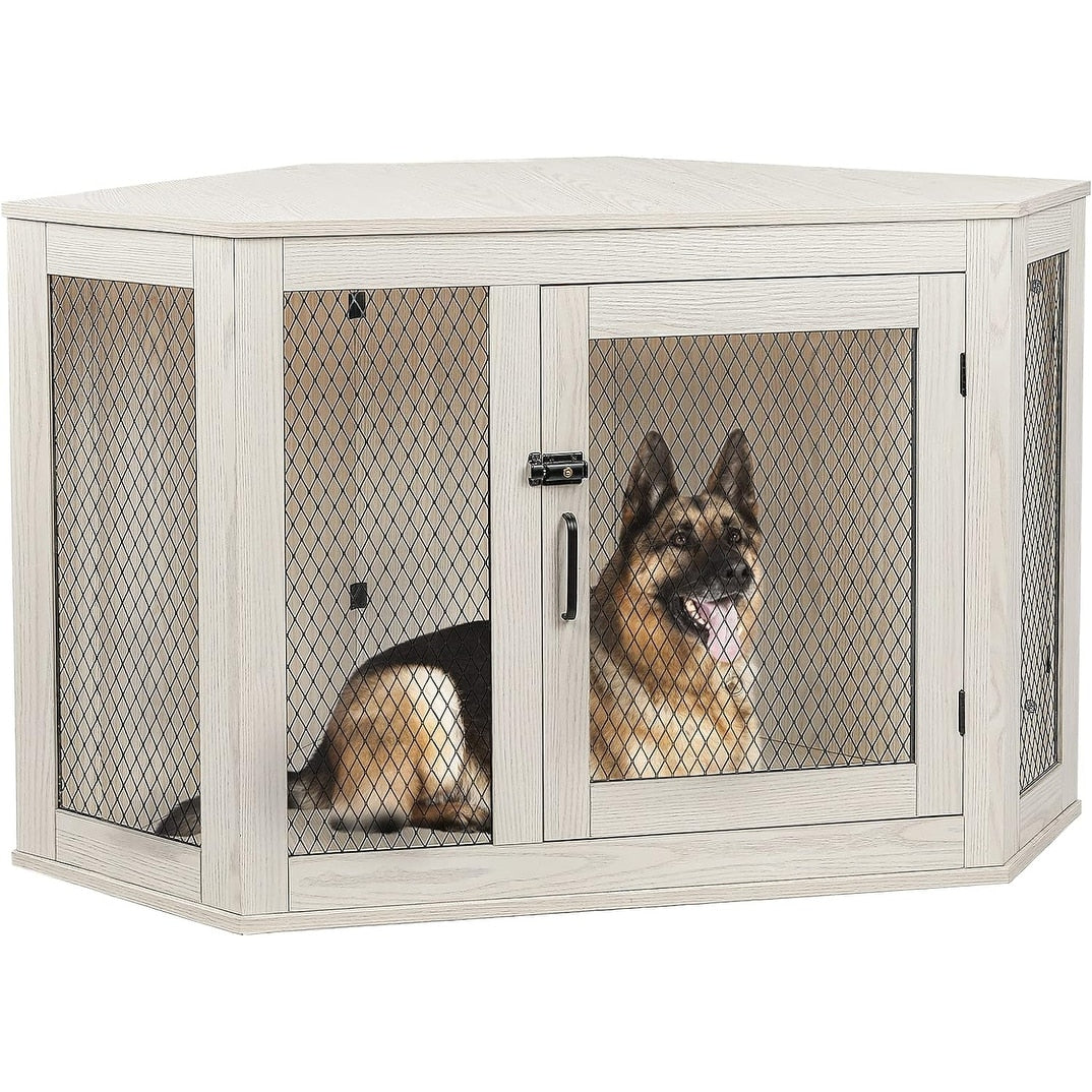 BOSSIN Cuccia angolare per cani, cuccia in legno per cani da 44/52 pollici con rete, cuccia decorativa in legno per uso interno
