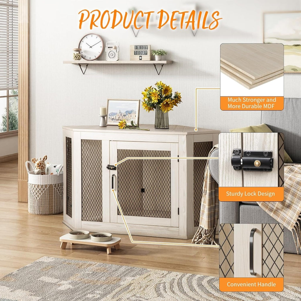 BOSSIN Cuccia angolare per cani, cuccia in legno per cani da 44/52 pollici con rete, cuccia decorativa in legno per uso interno