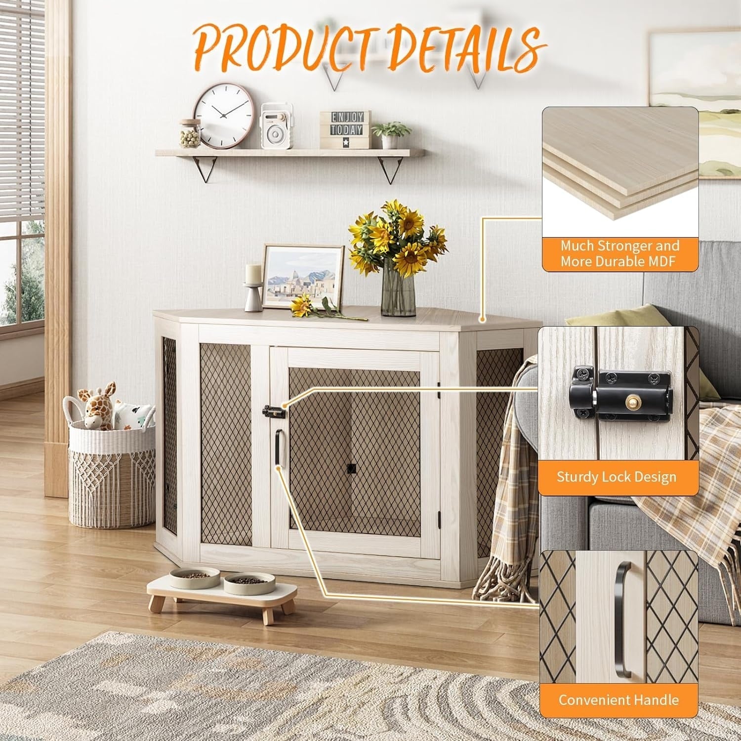 BOSSIN Cuccia angolare per cani, cuccia in legno per cani da 44/52 pollici con rete, cuccia decorativa in legno per uso interno