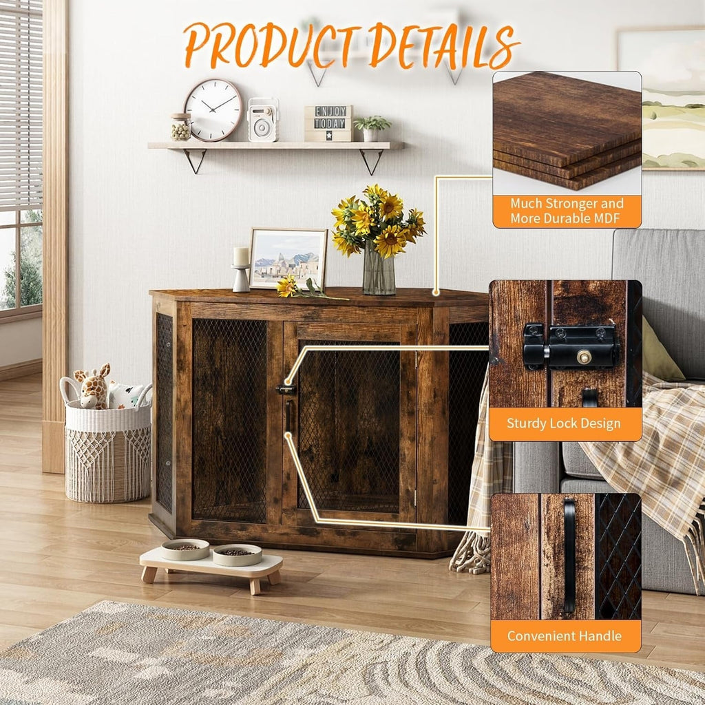 BOSSIN Cuccia angolare per cani, cuccia in legno per cani da 44/52 pollici con rete, cuccia decorativa in legno per uso interno