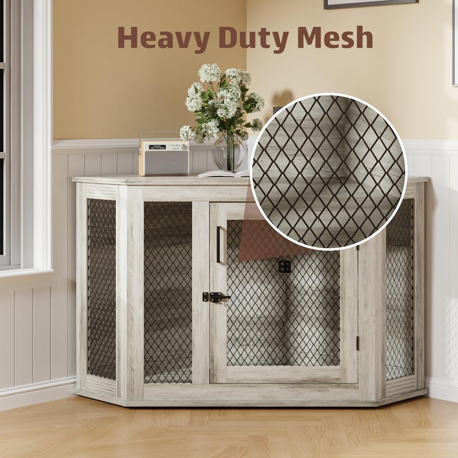 BOSSIN Cuccia angolare per cani, cuccia in legno per cani da 44/52 pollici con rete, cuccia decorativa in legno per uso interno