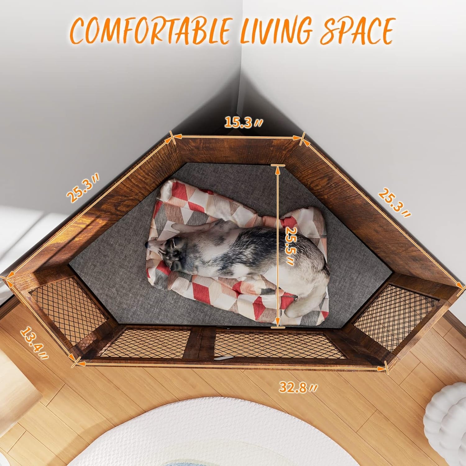 BOSSIN Cuccia angolare per cani, cuccia in legno per cani da 44/52 pollici con rete, cuccia decorativa in legno per uso interno
