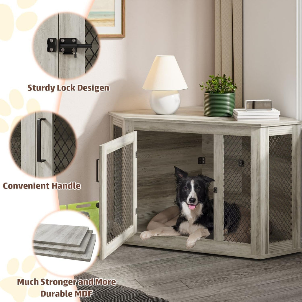 BOSSIN Cuccia angolare per cani, cuccia in legno per cani da 44/52 pollici con rete, cuccia decorativa in legno per uso interno