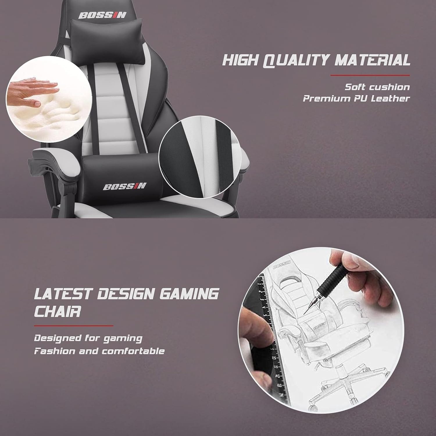 Sedia da gioco BOSSIN Racing Style, sedia da gioco alta e robusta da 300 libbre, sedia per computer con schienale alto