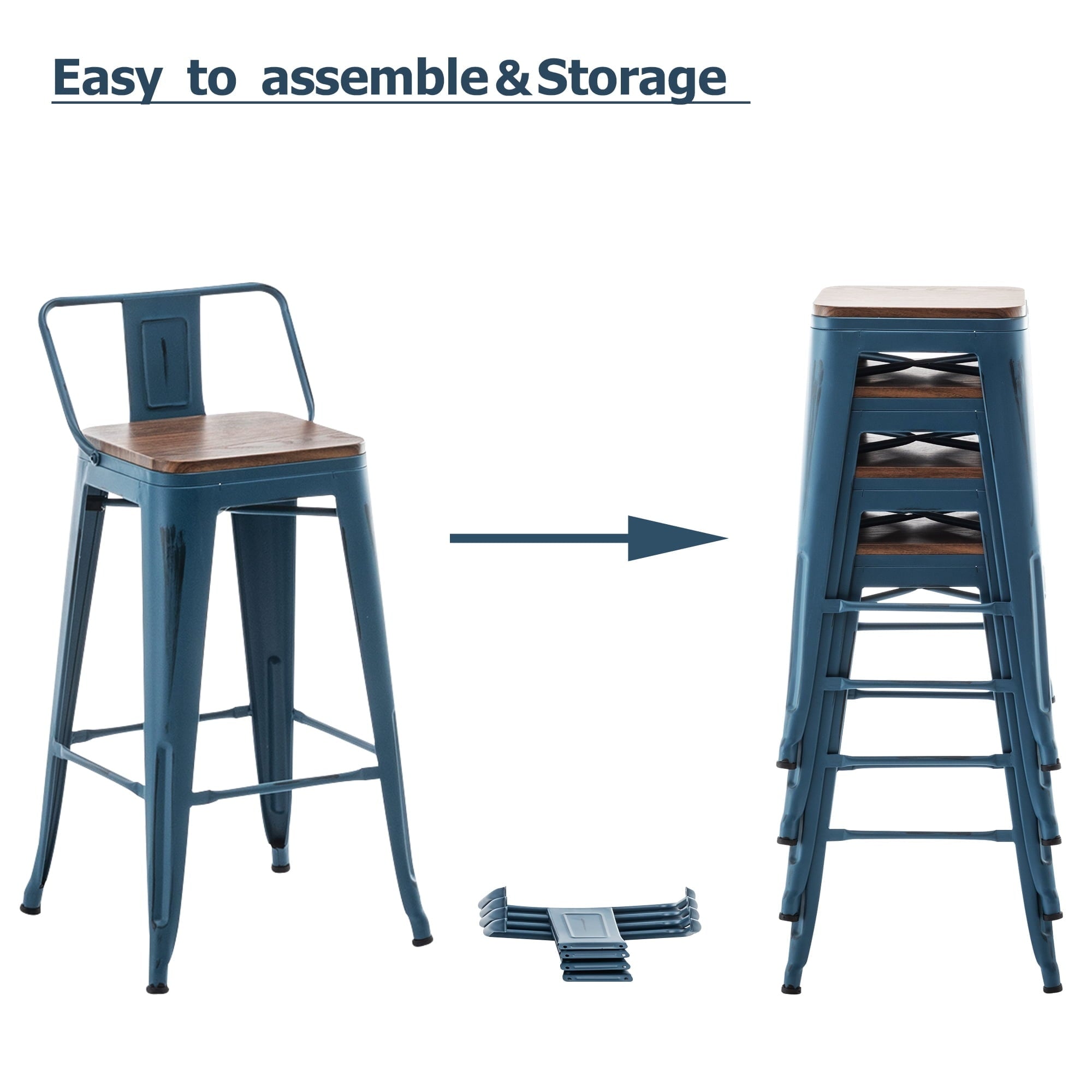 Sgabelli da bar con schienale, set di 4 sgabelli da bar in metallo industriale con seduta in legno