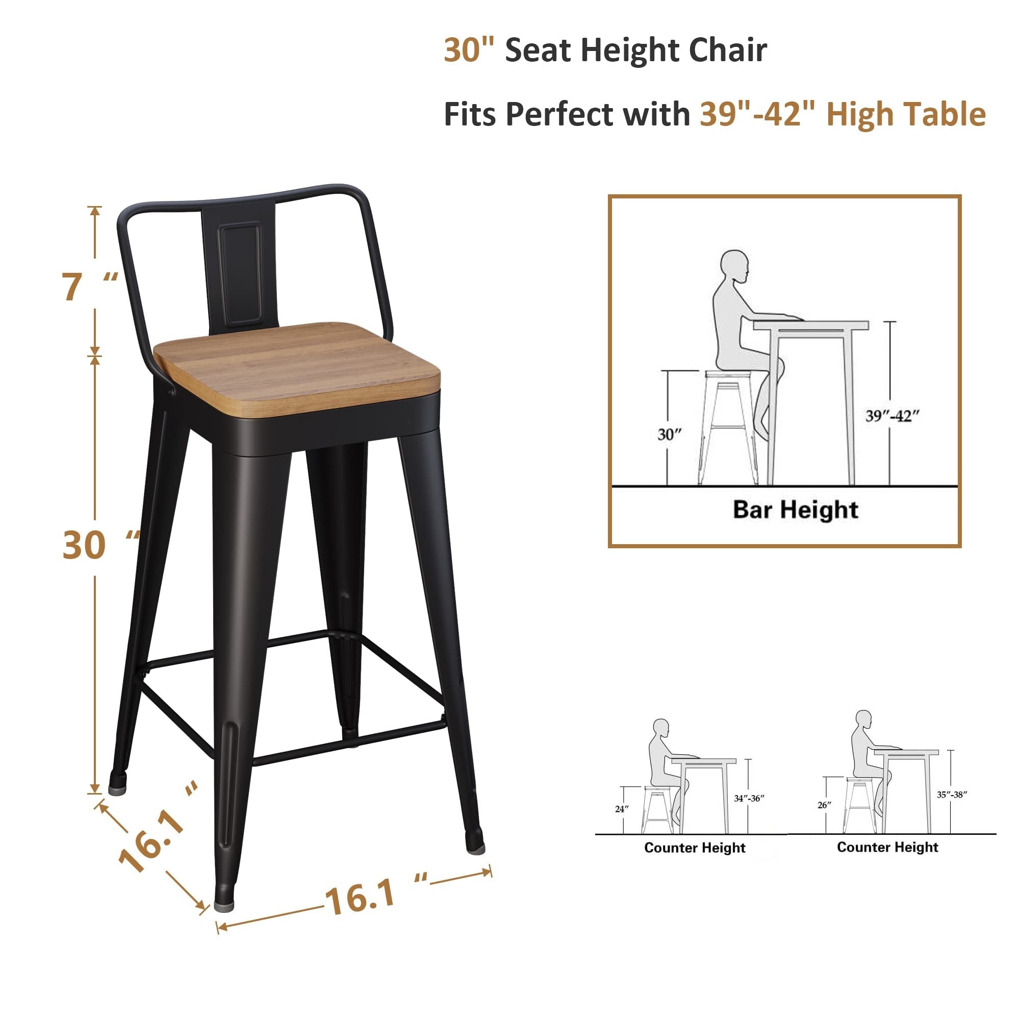 Sgabelli da bar con schienale, set di 4 sgabelli da bar in metallo industriale con seduta in legno