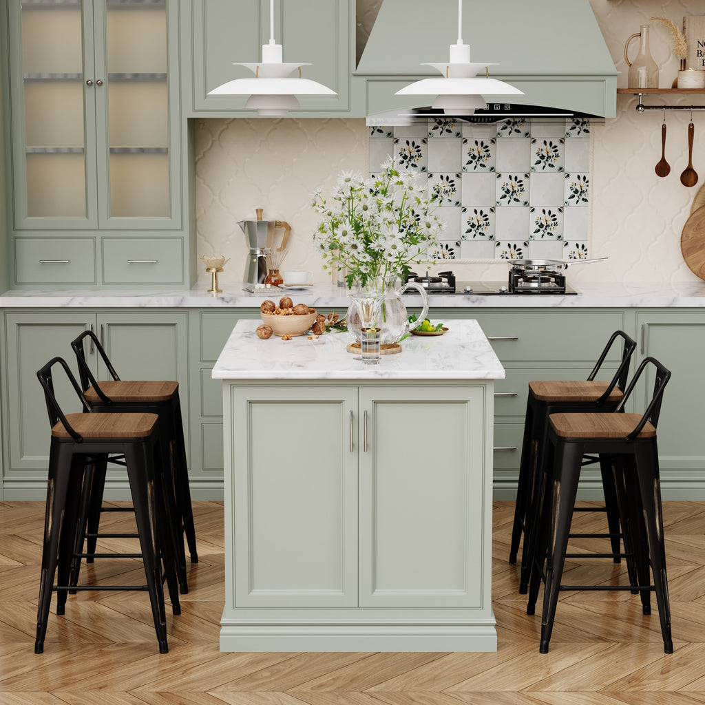 Sgabelli da bar con schienale, set di 4 sgabelli da bar in metallo industriale con seduta in legno