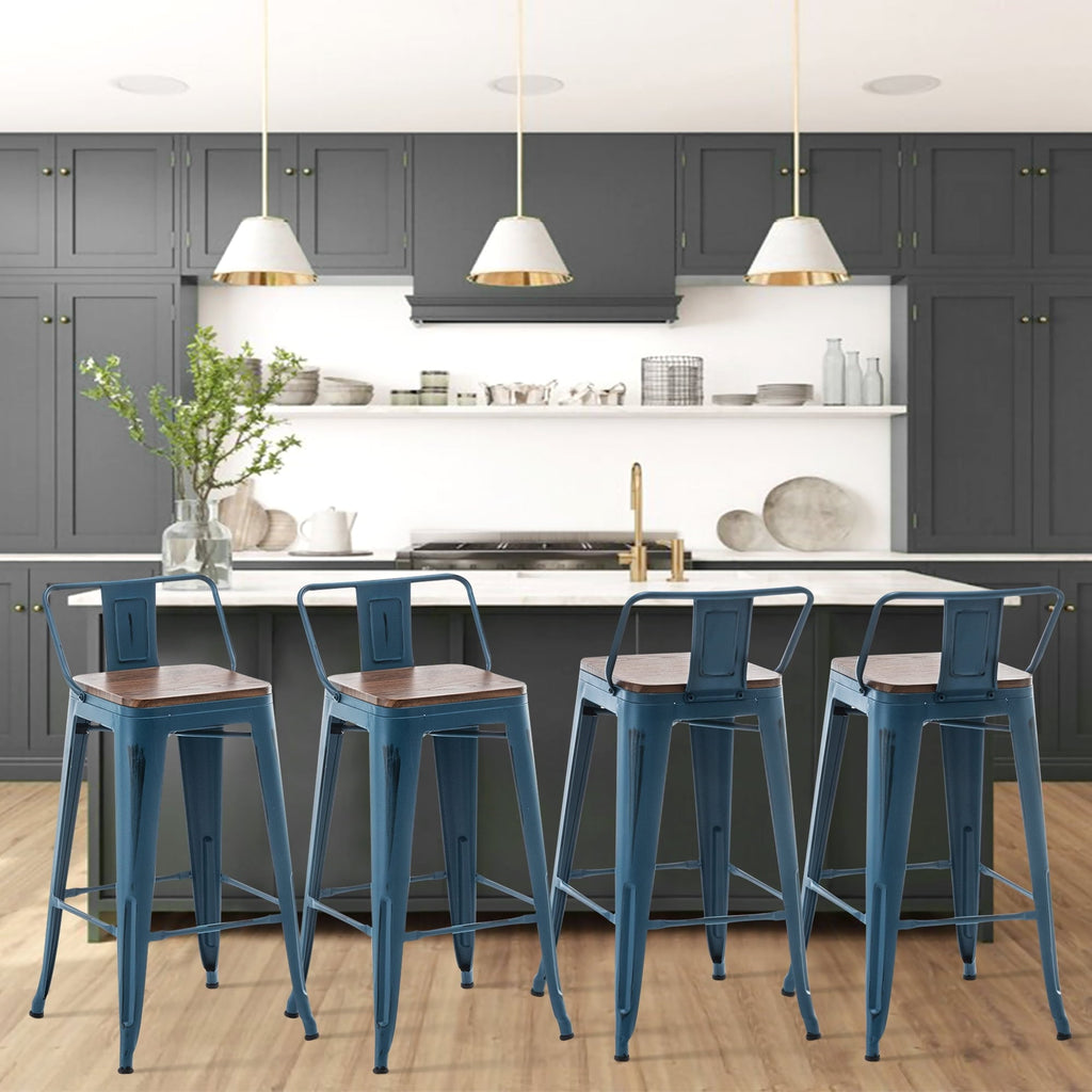 Sgabelli da bar con schienale, set di 4 sgabelli da bar in metallo industriale con seduta in legno