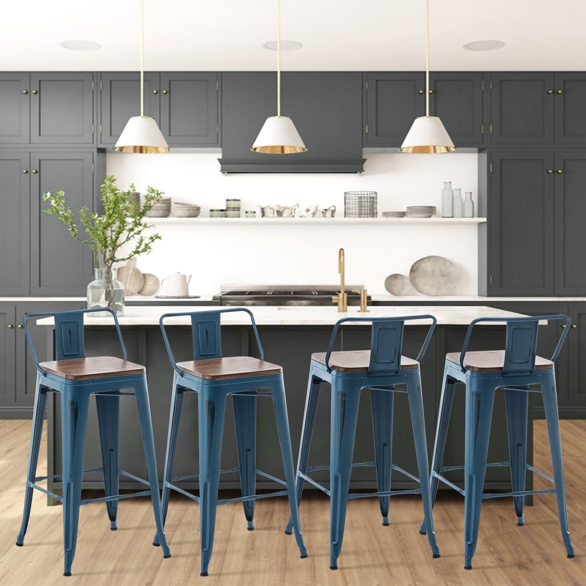 Sgabelli da bar con schienale, set di 4 sgabelli da bar in metallo industriale con seduta in legno