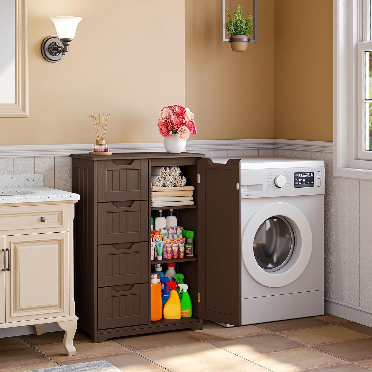 Mobiletto portaoggetti da pavimento per bagno, mobiletto portaoggetti da pavimento indipendente con 4 cassetti e ripiano regolabile