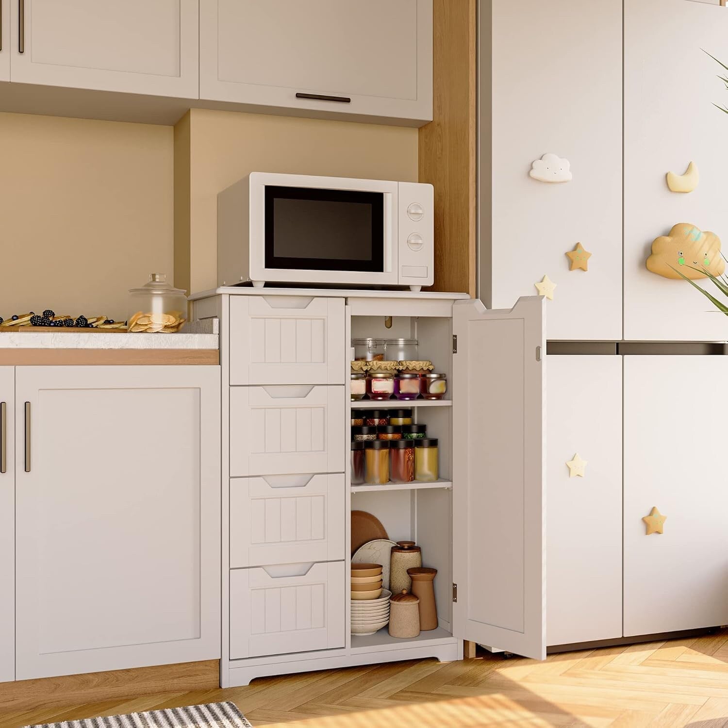 Mobiletto portaoggetti da pavimento per bagno, mobiletto portaoggetti da pavimento indipendente con 4 cassetti e ripiano regolabile