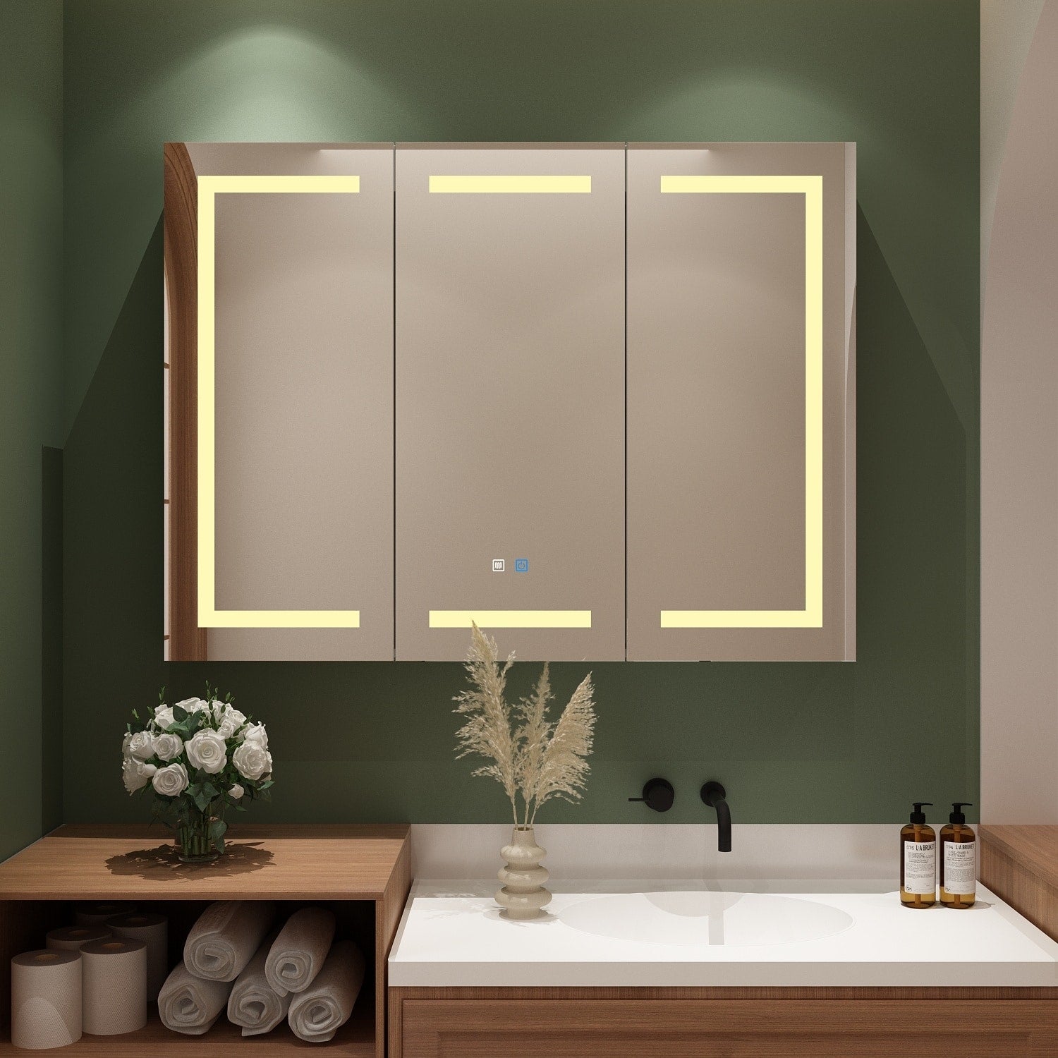 Mobiletto per medicinali da bagno con specchio LED antiappannamento 6000K, mobiletto da parete bianco