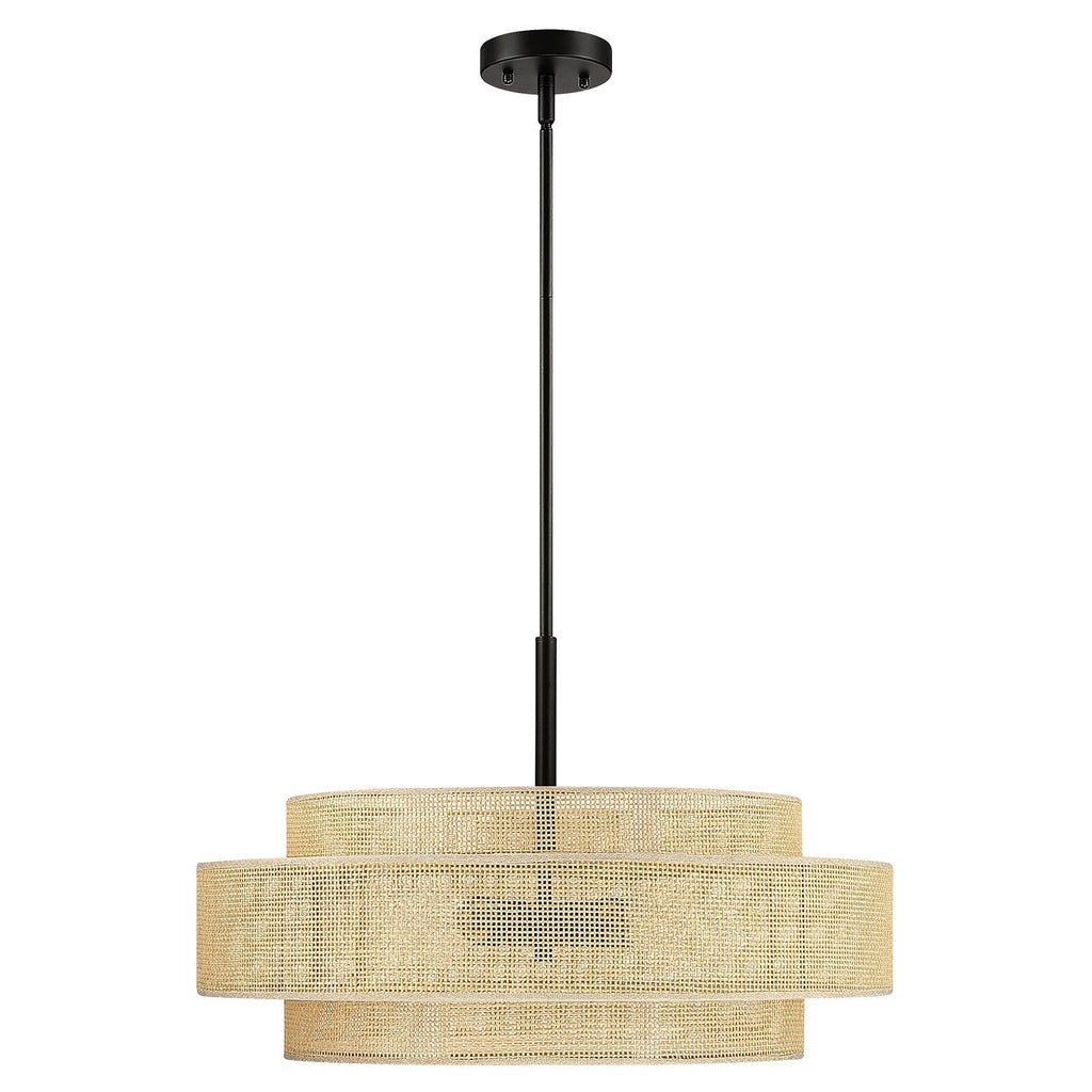 Lampadario Bayou a tamburo costiero nero a 5 luci con doppio paralume in rattan - 24''W