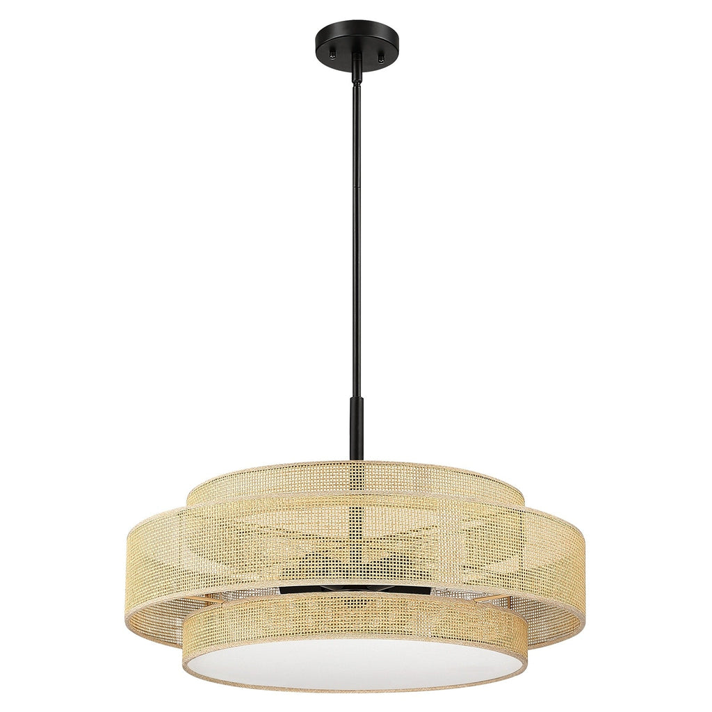 Lampadario Bayou a tamburo costiero nero a 5 luci con doppio paralume in rattan - 24''W
