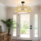 Lampadario Bayou a tamburo costiero nero a 5 luci con doppio paralume in rattan - 24''W