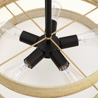 Lampadario Bayou a tamburo costiero nero a 5 luci con doppio paralume in rattan - 24''W