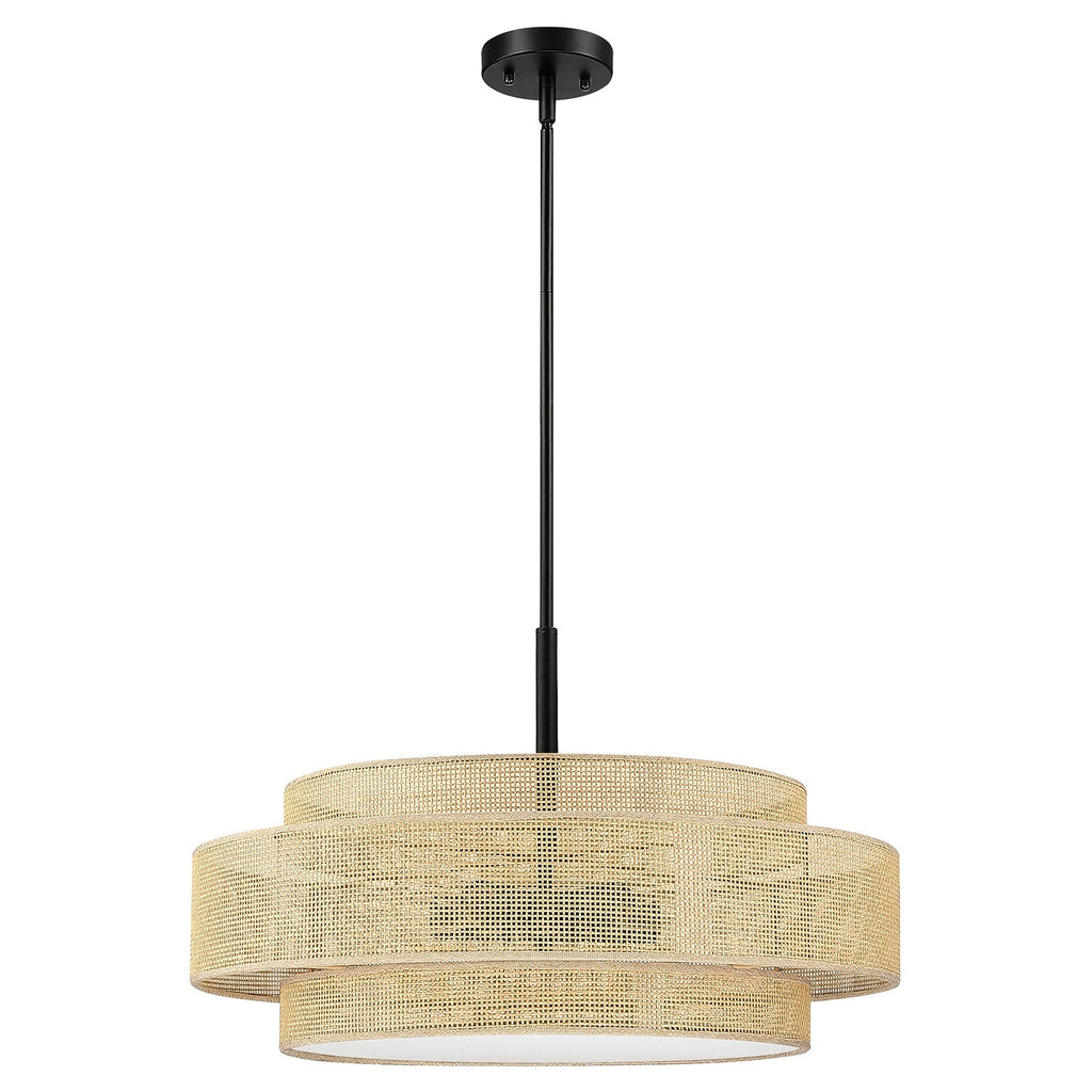 Lampadario Bayou a tamburo costiero nero a 5 luci con doppio paralume in rattan - 24''W