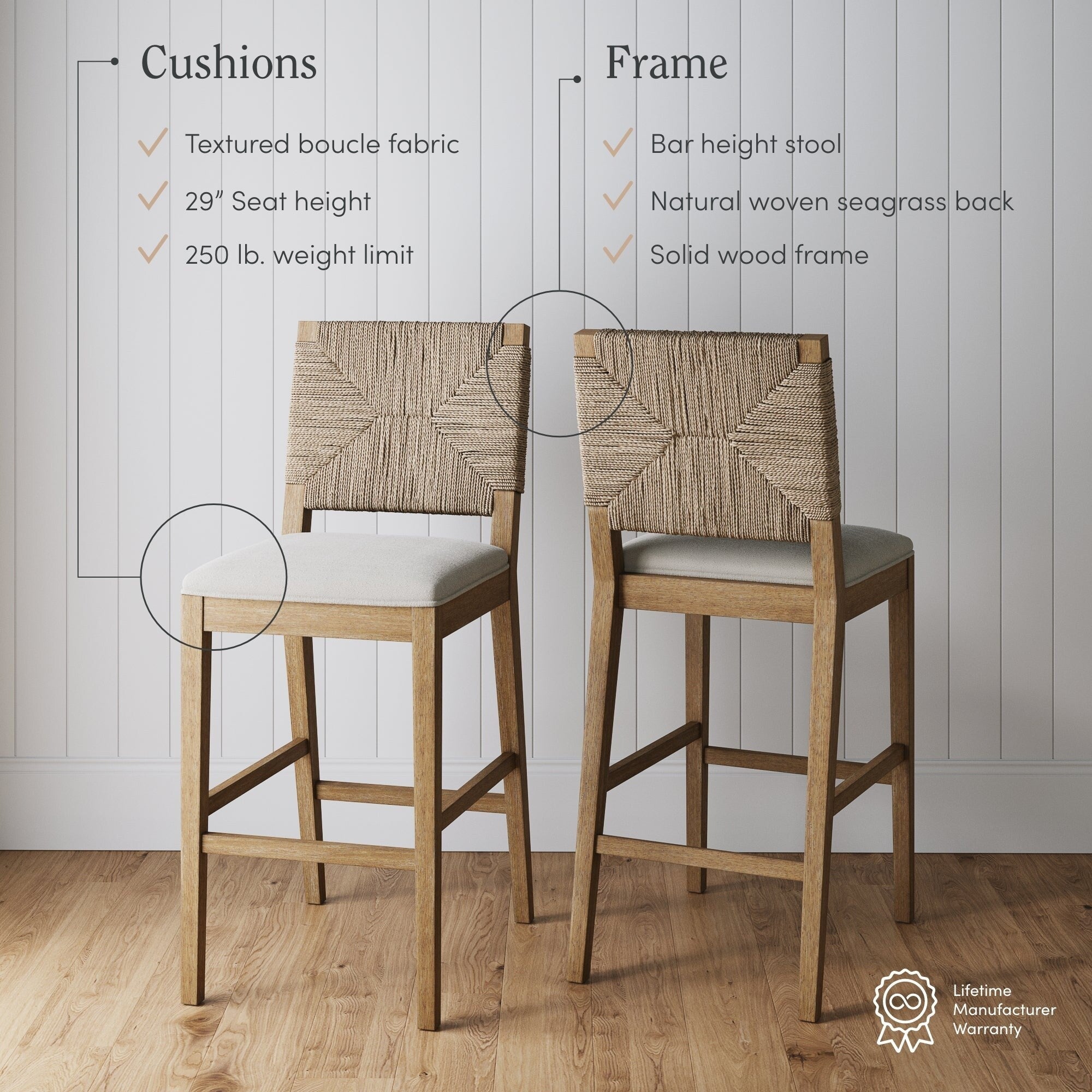 Sgabello da bar Beacon Bohemian Boucle, sedia imbottita alta fino al bancone con struttura in legno massello e schienale in giunco ​​intrecciato