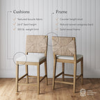 Sgabello da bar Beacon Bohemian Boucle, sedia imbottita alta fino al bancone con struttura in legno massello e schienale in giunco ​​intrecciato