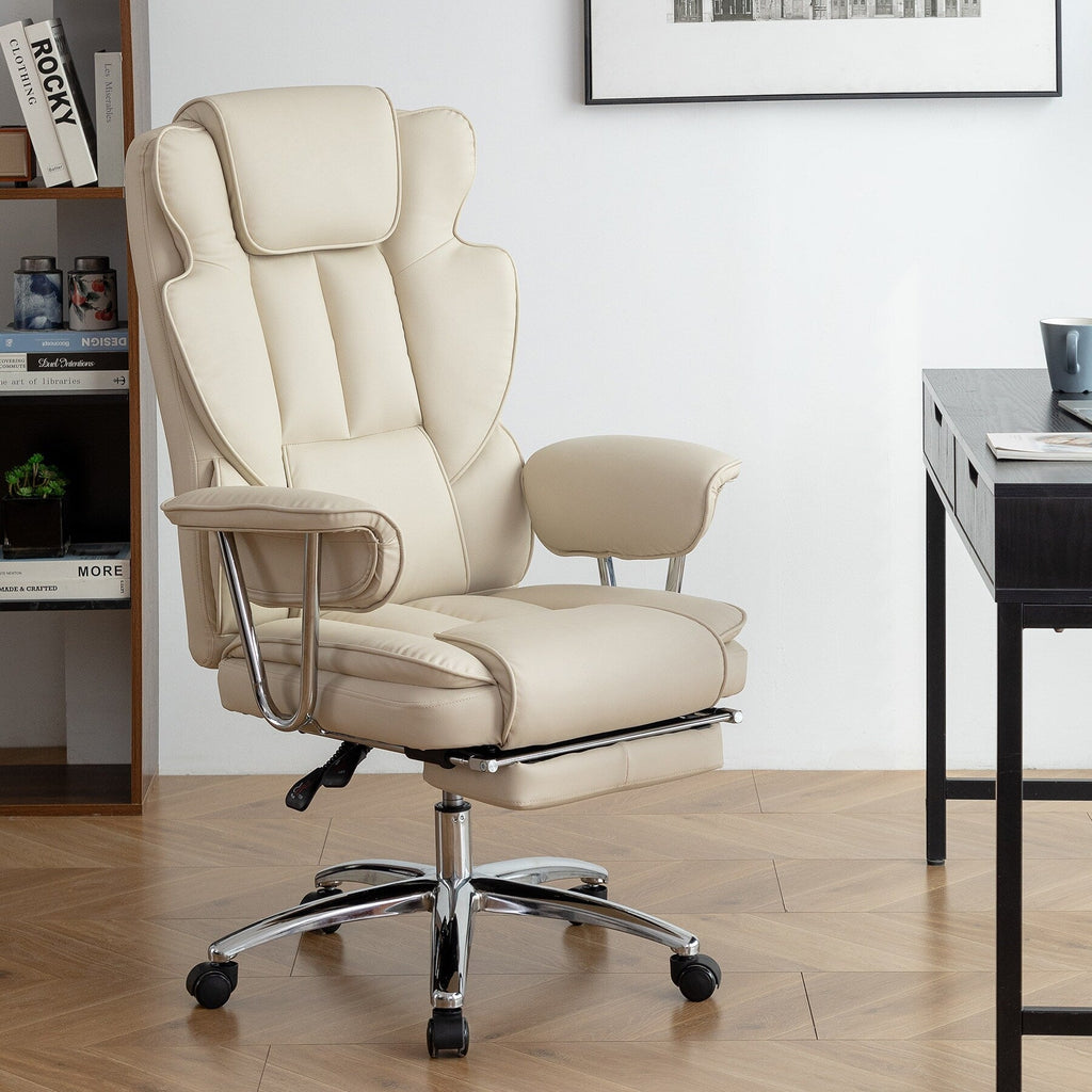 Poltrona reclinabile ergonomica da ufficio con schienale alto girevole a 360° in similpelle beige, supporto lombare, poggiapiedi, altezza regolabile