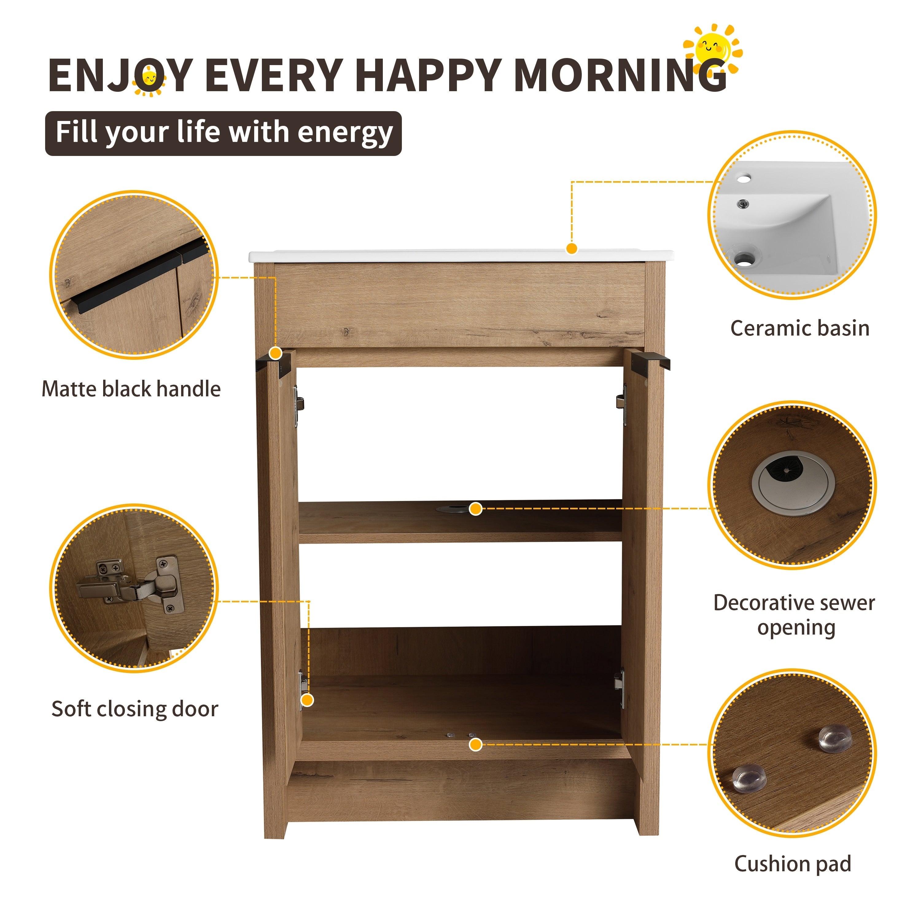 Beingnext 24/30/36 Mobile bagno con lavabo, mobile bagno indipendente con anta a chiusura ammortizzata e ripiano regolabile