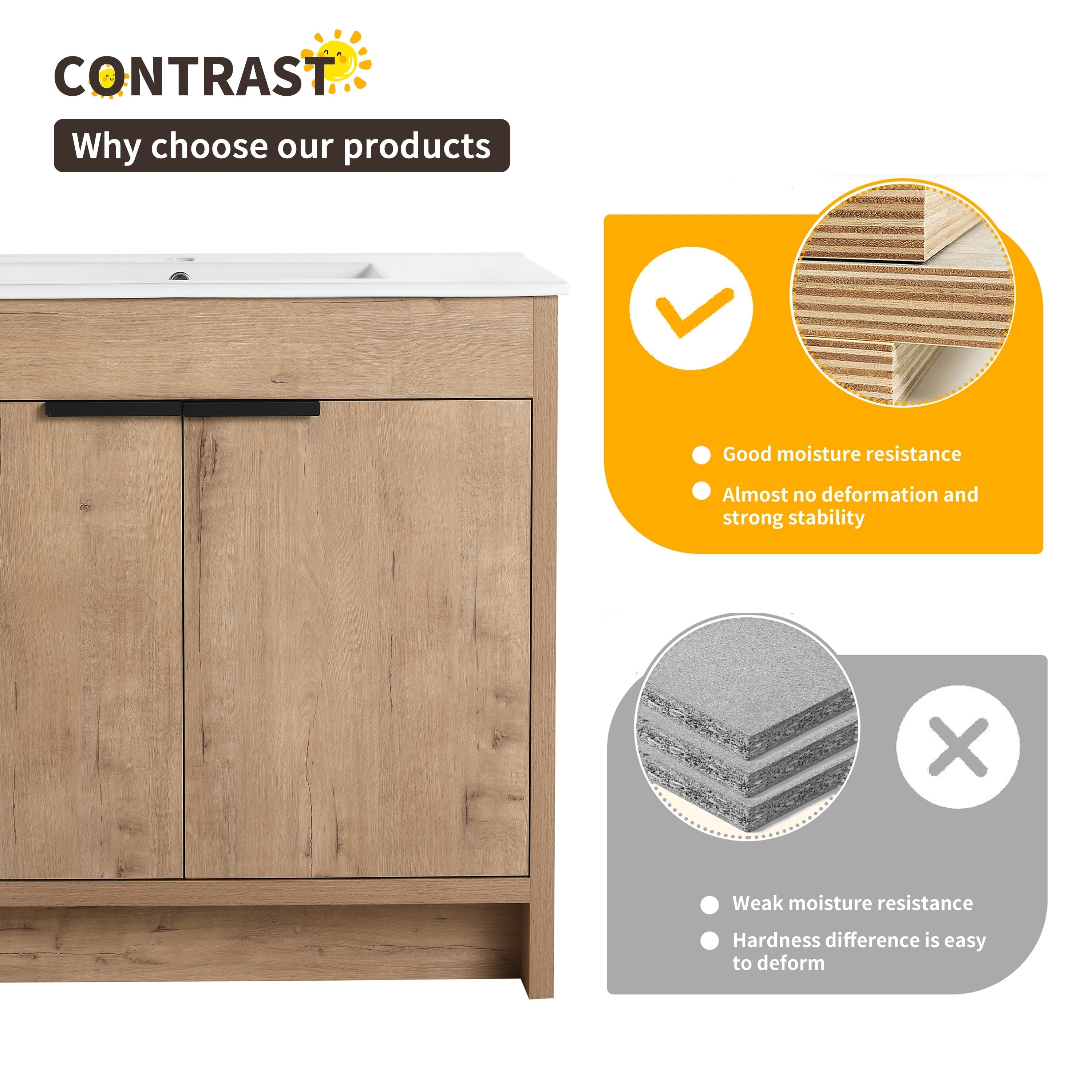 Beingnext 24/30/36 Mobile bagno con lavabo, mobile bagno indipendente con anta a chiusura ammortizzata e ripiano regolabile