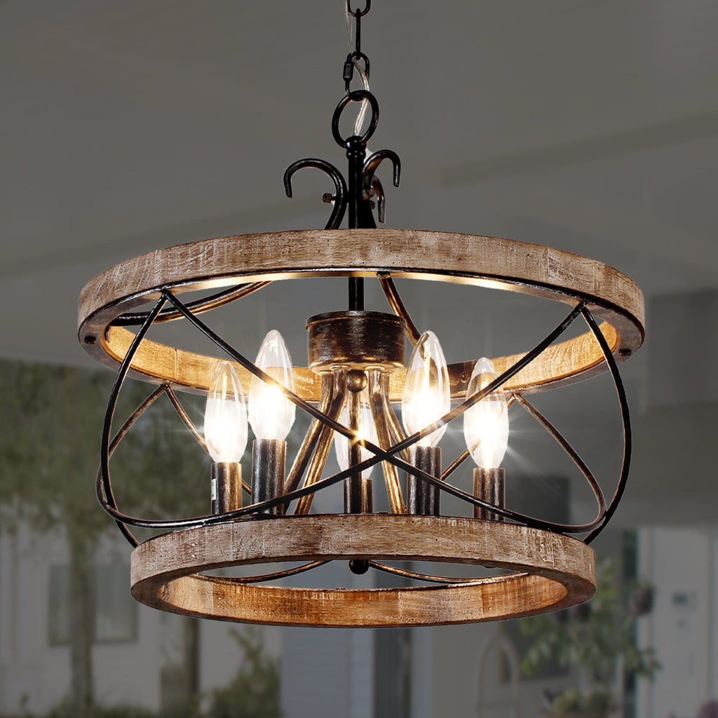 Bella Depot Lampadario rustico in legno a 5 luci con illuminazione dimmerabile, lampada a sospensione regolabile da 15,7 pollici per isola cucina