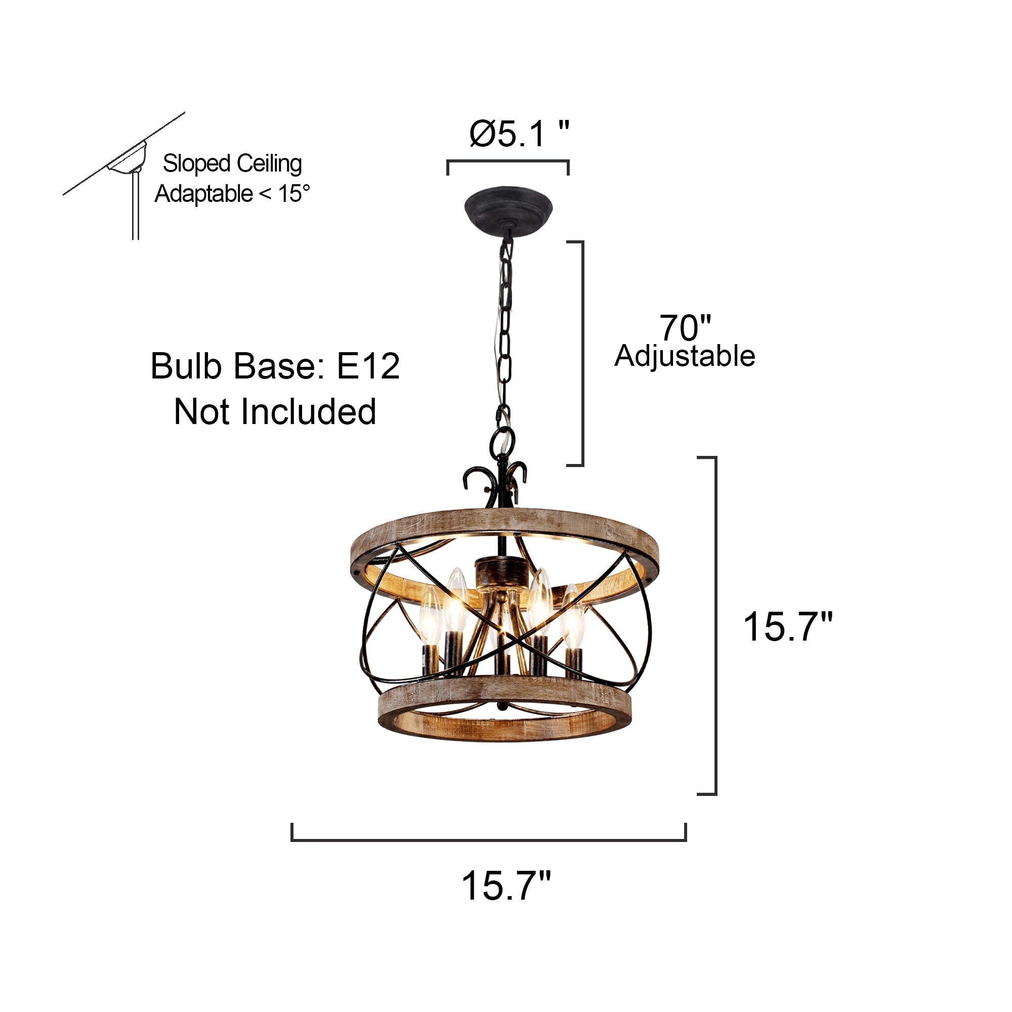 Bella Depot Lampadario rustico in legno a 5 luci con illuminazione dimmerabile, lampada a sospensione regolabile da 15,7 pollici per isola cucina