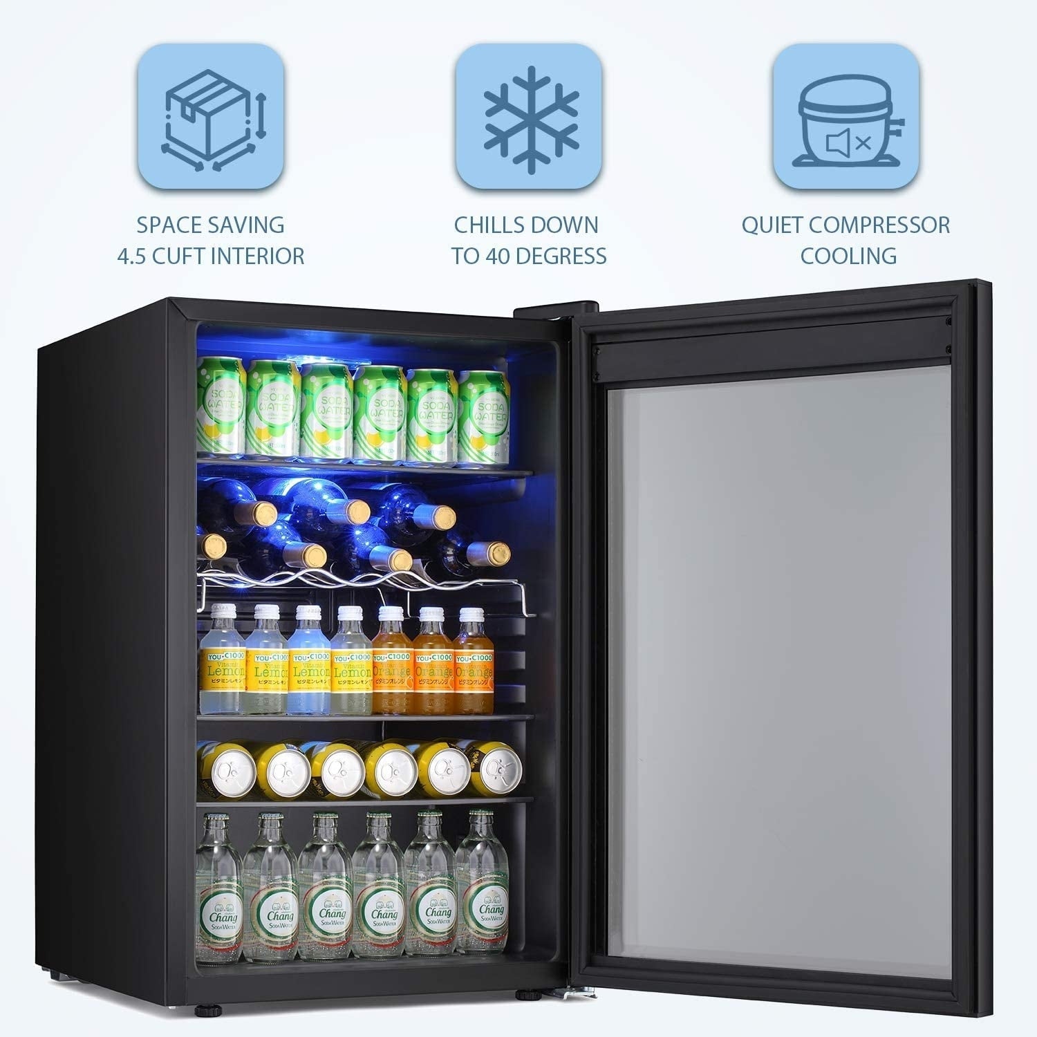 Cantinetta frigo da 4,4 piedi cubi con luci LED e pulsanti touch, ripiani rimovibili, meno di 38 dB