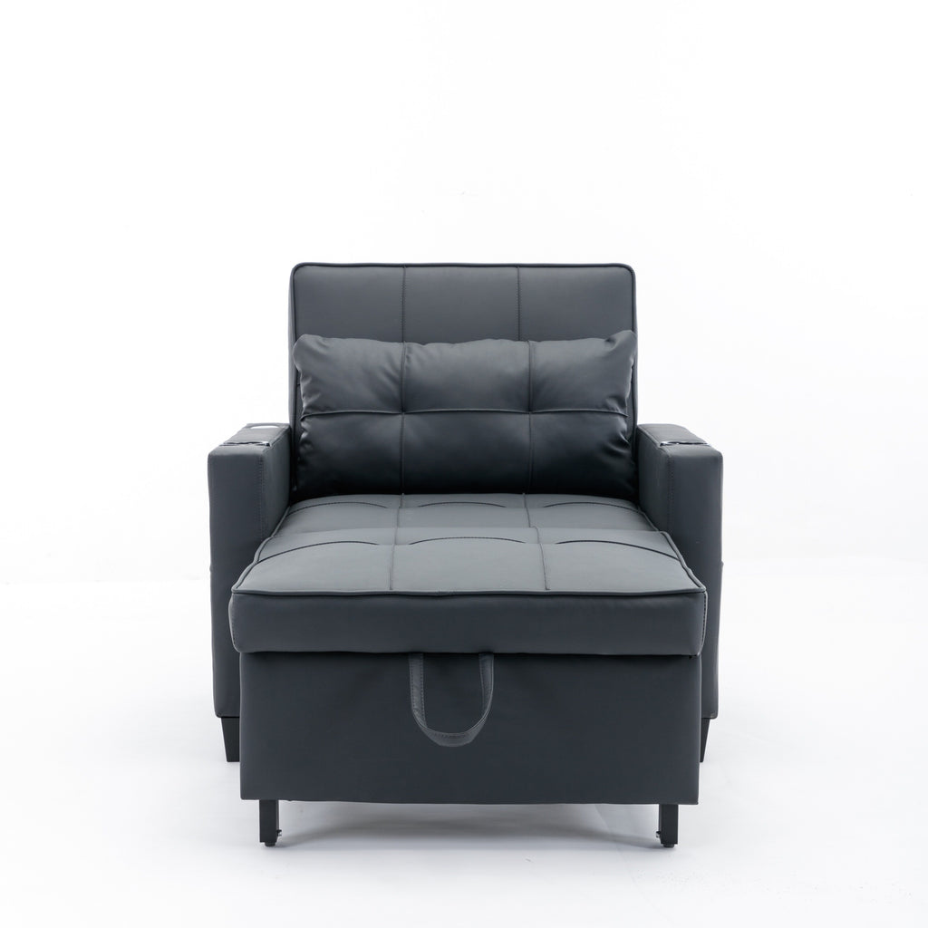 Divano letto trasformabile in similpelle nera con porte USB