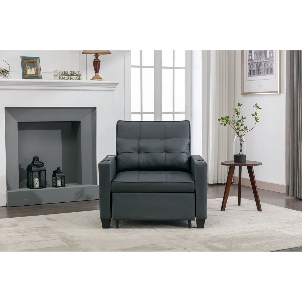 Divano letto trasformabile in similpelle nera con porte USB