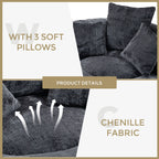 Divano singolo a sacco in ciniglia nero oversize da 42,52 pollici con tre cuscini per camera da letto