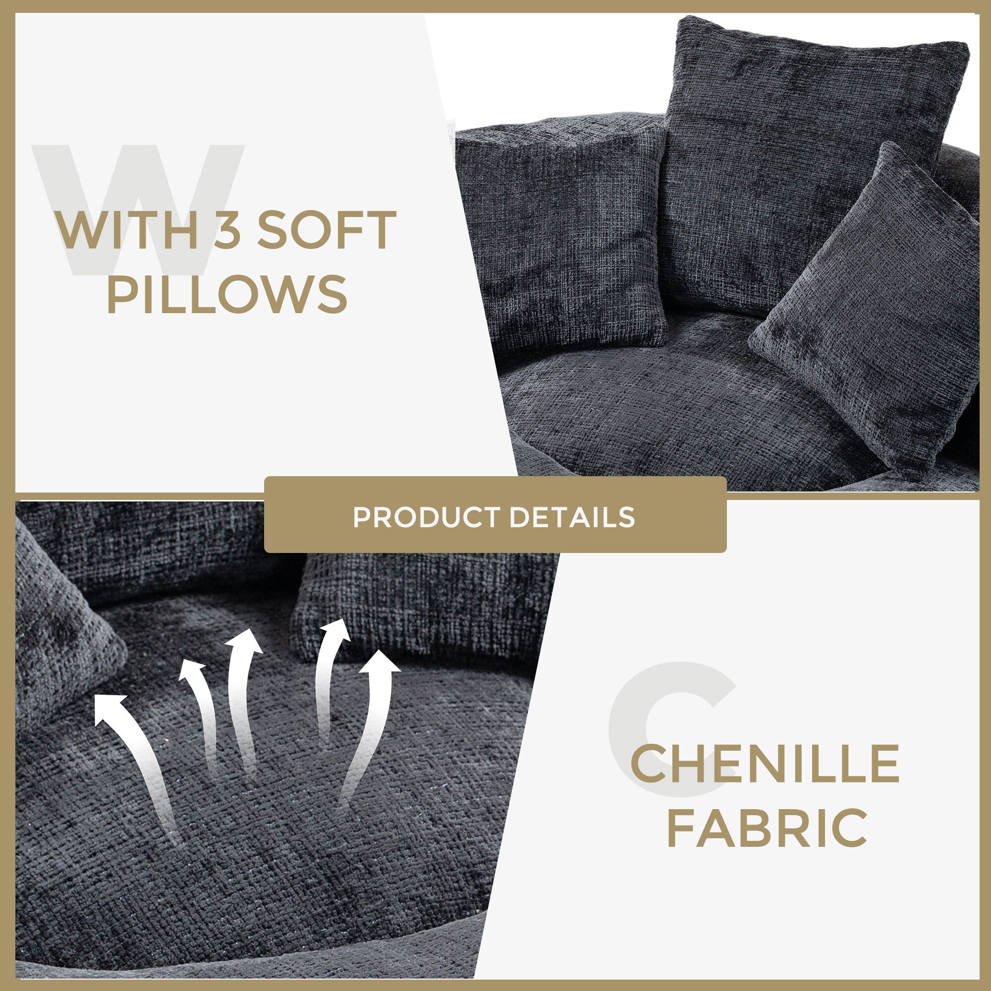 Divano singolo a sacco in ciniglia nero oversize da 42,52 pollici con tre cuscini per camera da letto