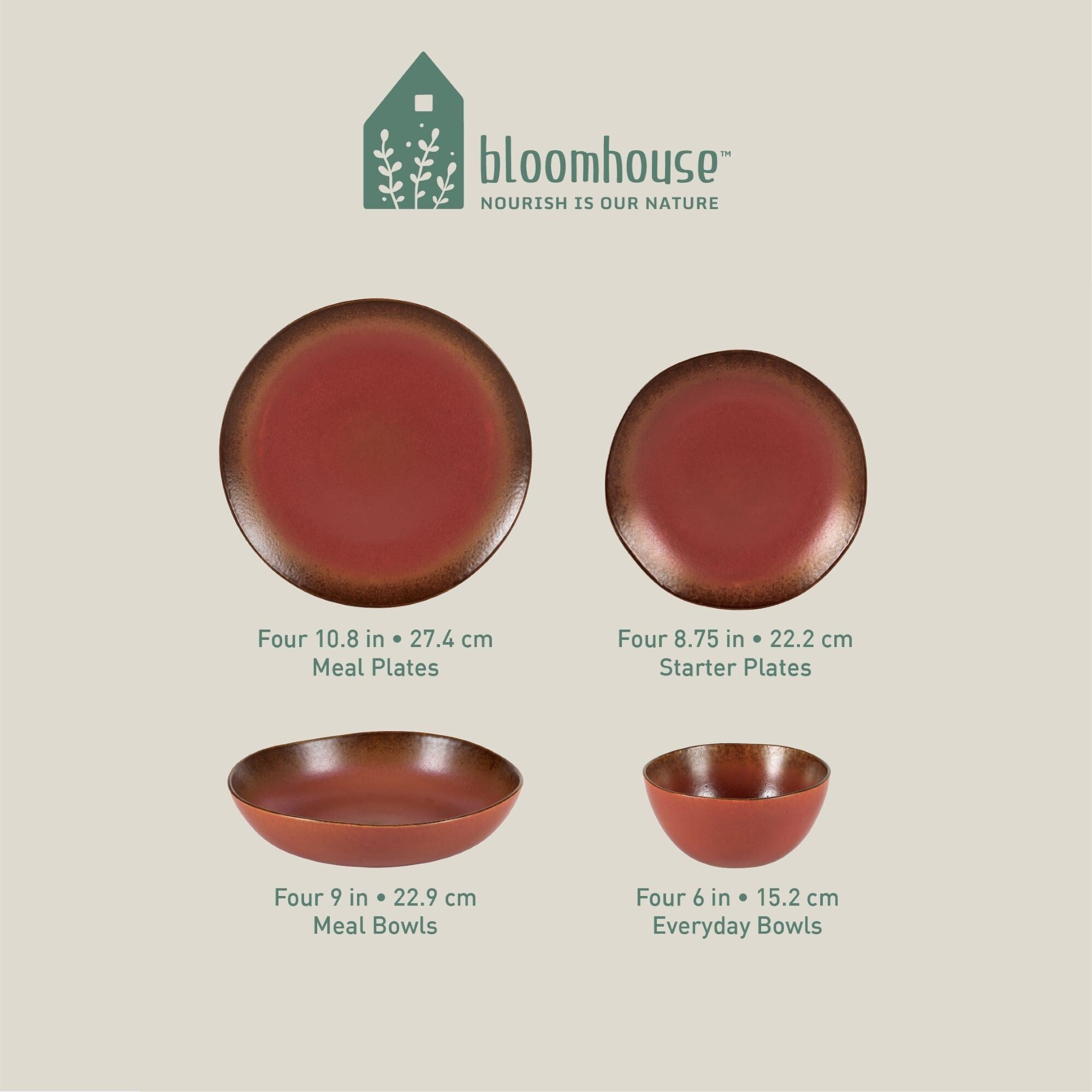Bloomhouse Palermo Sun, set di 16 piatti e ciotole in gres con doppia ciotola e smalto reattivo