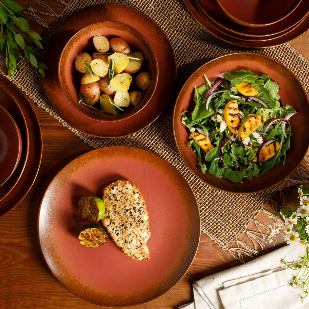 Bloomhouse Palermo Sun, set di 16 piatti e ciotole in gres con doppia ciotola e smalto reattivo