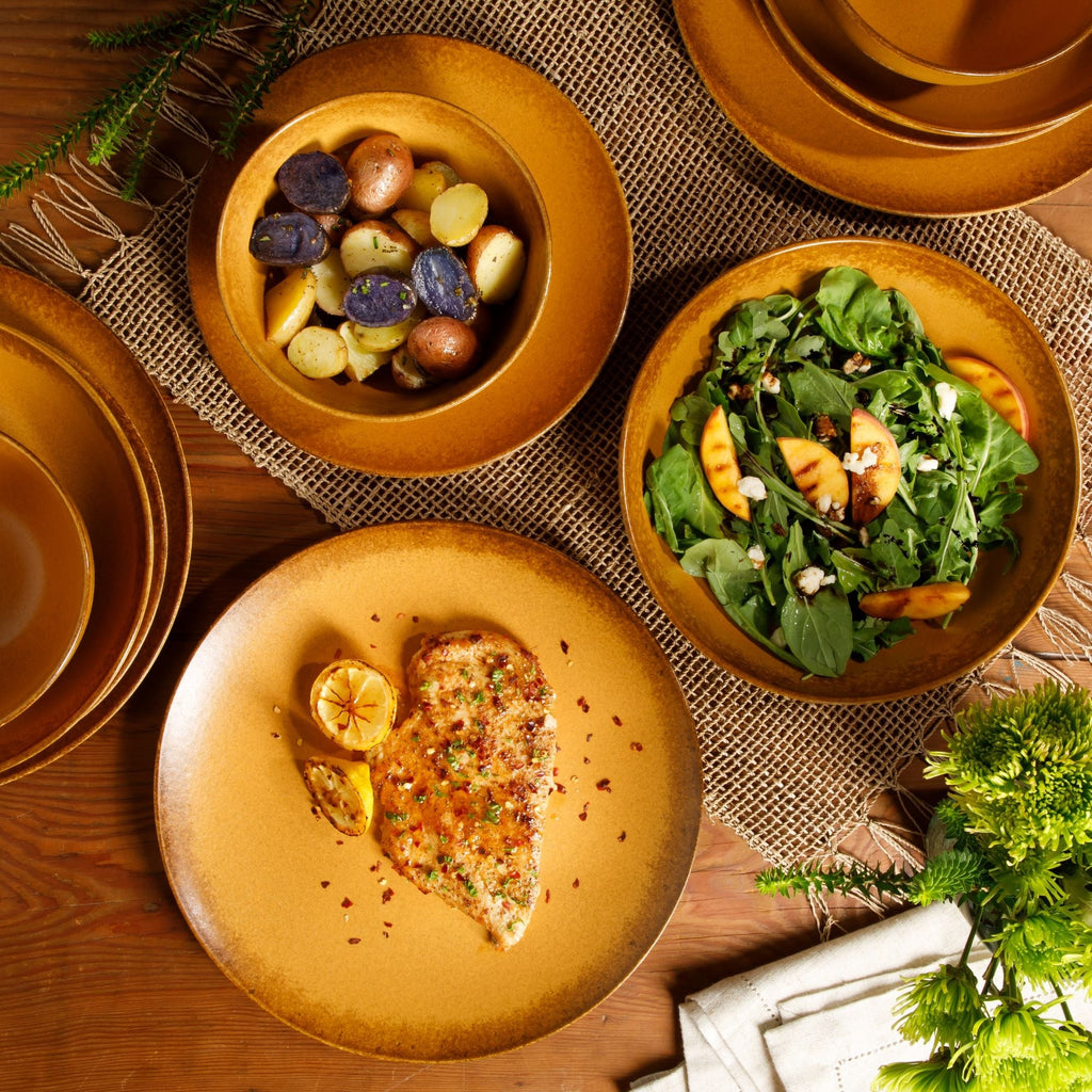 Bloomhouse Palermo Sun, set di 16 piatti e ciotole in gres con doppia ciotola e smalto reattivo